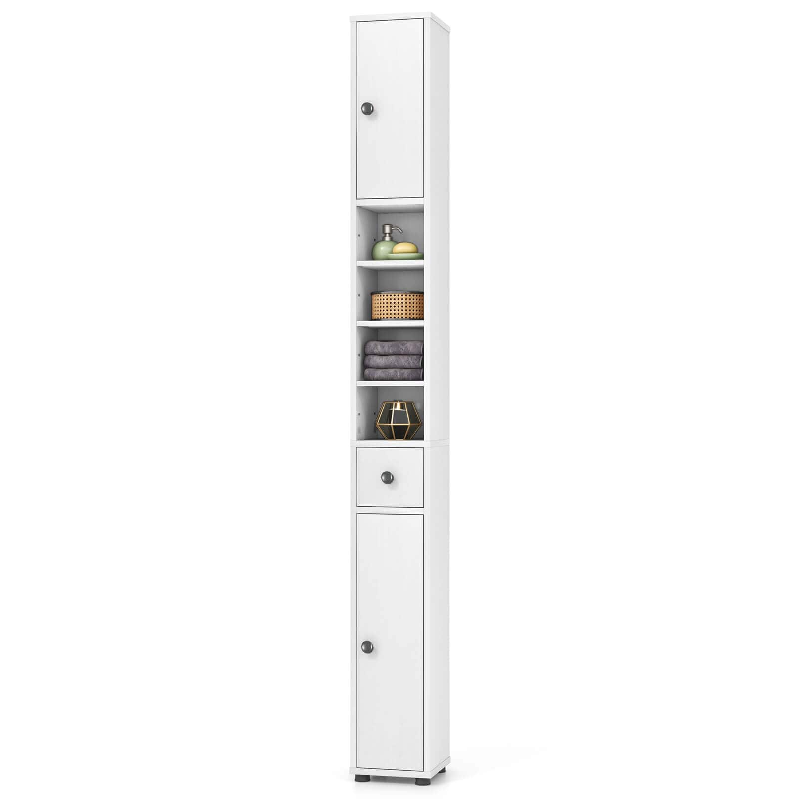 Costway - Tall Slim Bathroom Storage Cabinet Linen Towerwith Drawer & Adjustable Shelves - White