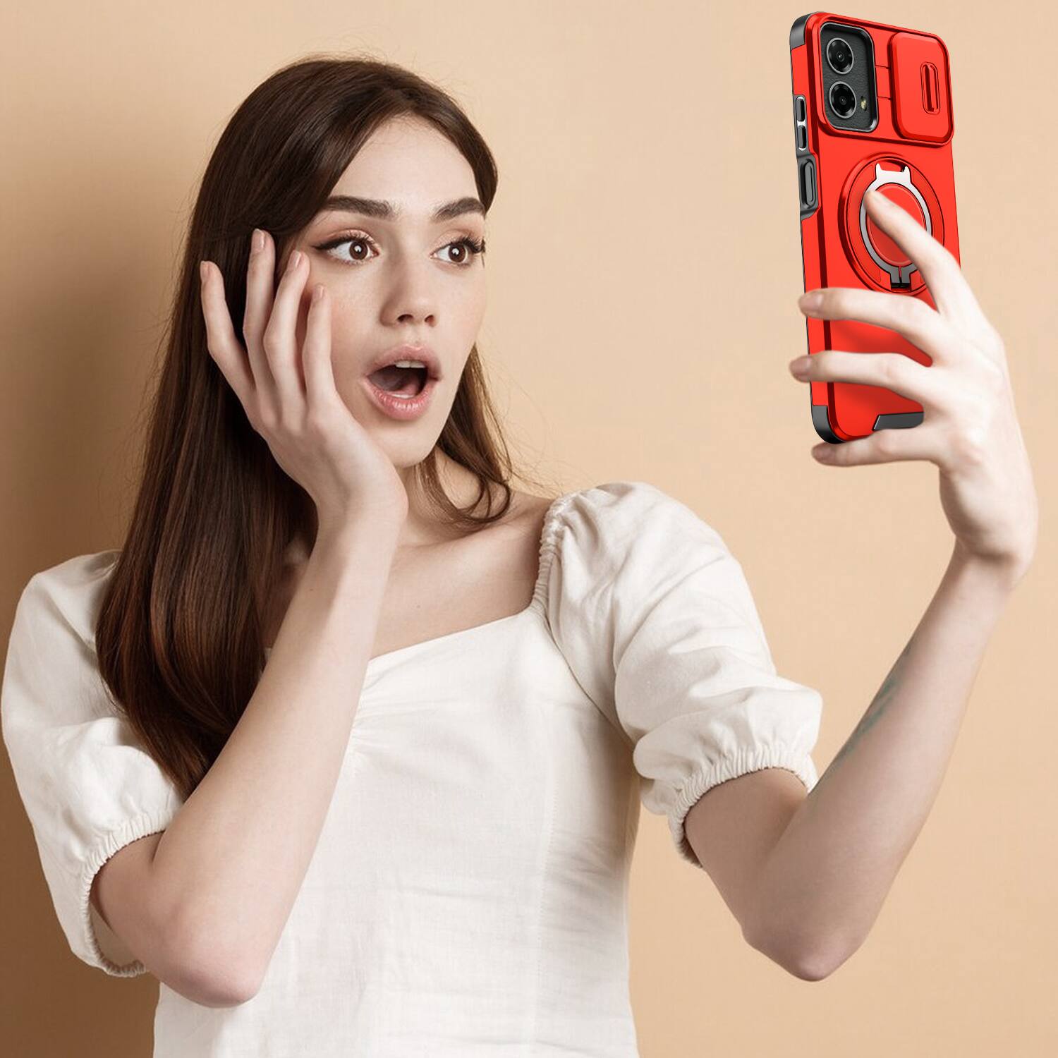Alt View 6. UUCOVER - Magnetic Case for Motorola Moto G Stylus 5G (2024) with Sliding Lens Cover, Rotatable Ring Kickstand Drop-Proof Shell - Red.