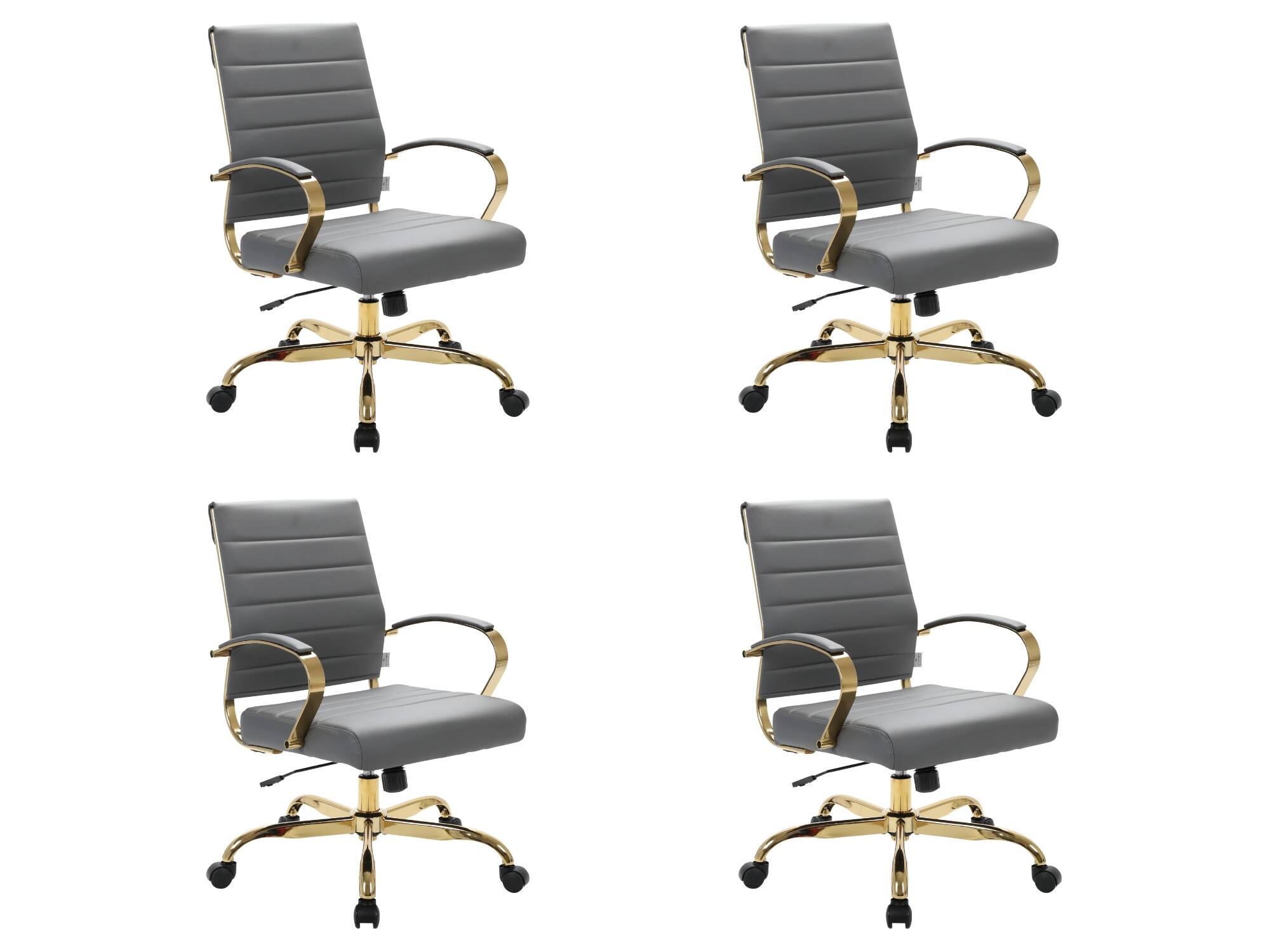 Front. LeisureMod - (Set of 4) Benmar Modern Leather Office Desk Chair with Gold Frame Finish and Swivel Home Office - Grey.