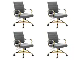 LeisureMod - (Set of 4) Benmar Modern Leather Office Desk Chair with Gold Frame Finish and Swivel Home Office - Gray