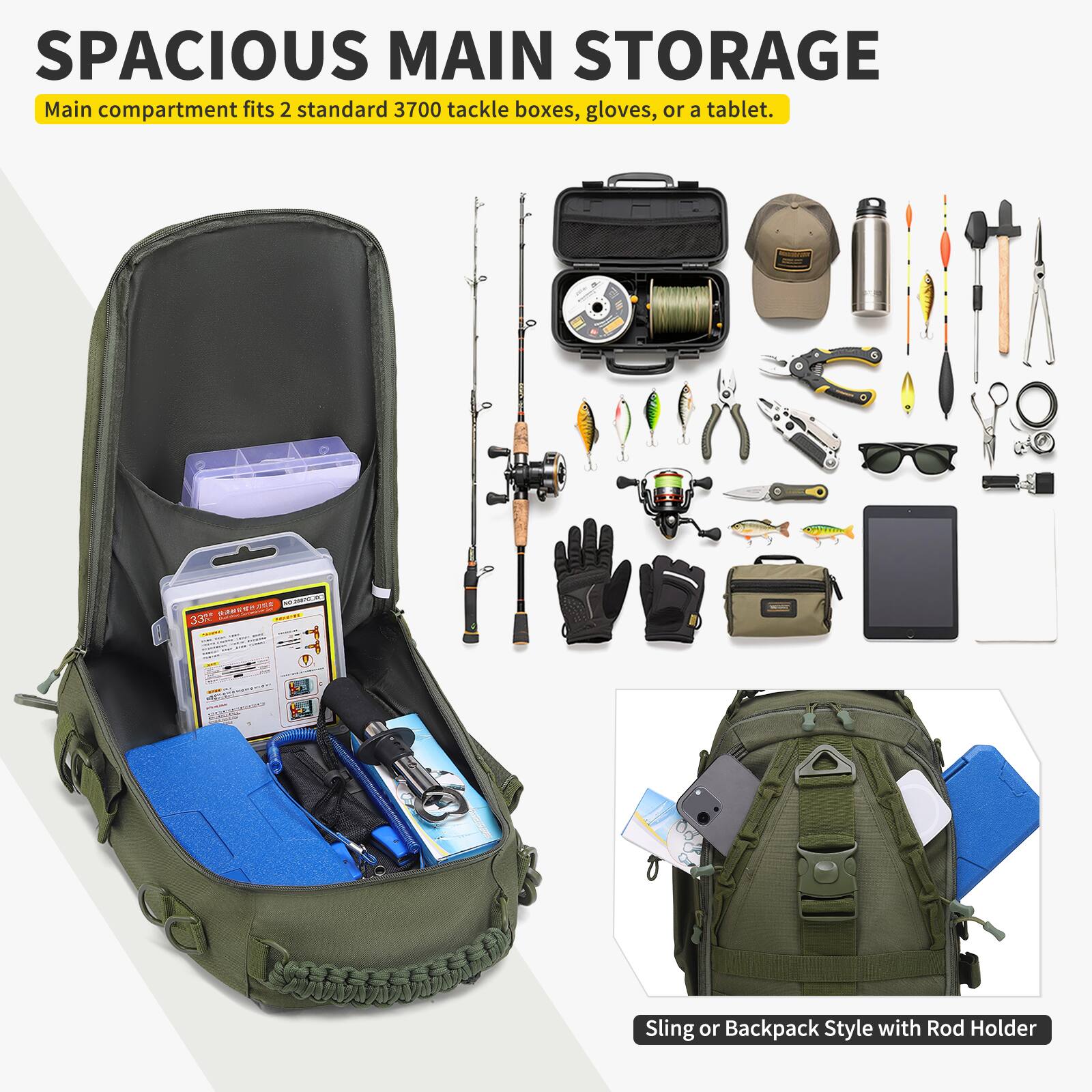 SPACIOUS MAIN STORAGE  
Main compartment fits 2 standard 3700 tackle boxes, gloves, or a tablet.  

Sling or Backpack Style with Rod Holder