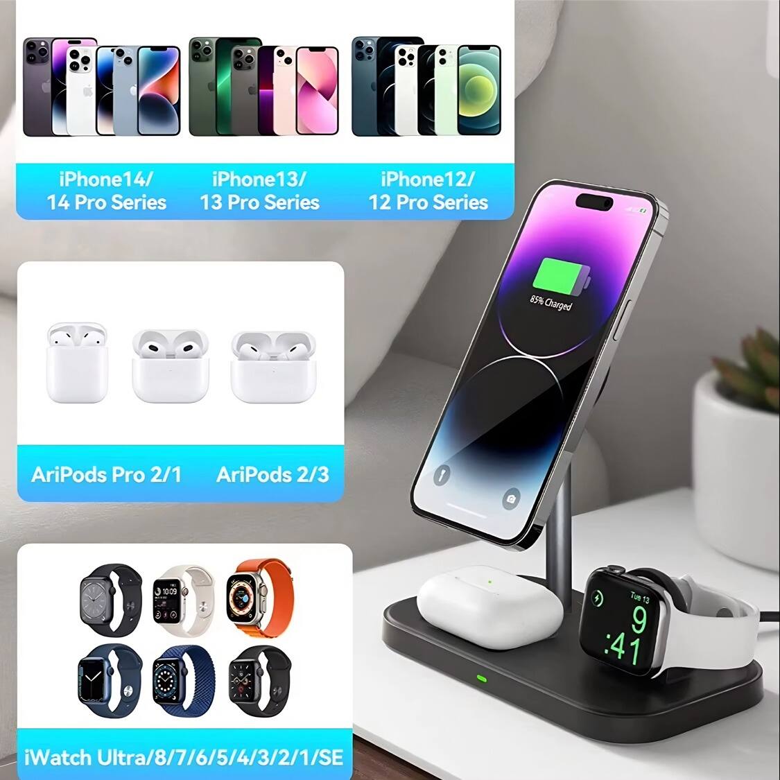 iPhone 14/ 14 Pro Series  
iPhone 13/ 13 Pro Series  
iPhone 12/ 12 Pro Series  

AriPods Pro 2/1  
AriPods 2/3  

iWatch Ultra/8/7/6/5/4/3/2/1/SE  

85% Charged  
10:09 & 9:41