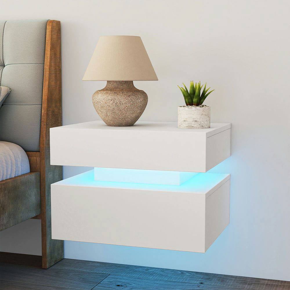 Alt View 8. Kadyn - Wall-Mounted LED Nightstand with 2 Drawers and 3 Light Modes for Bedroom, White - White.