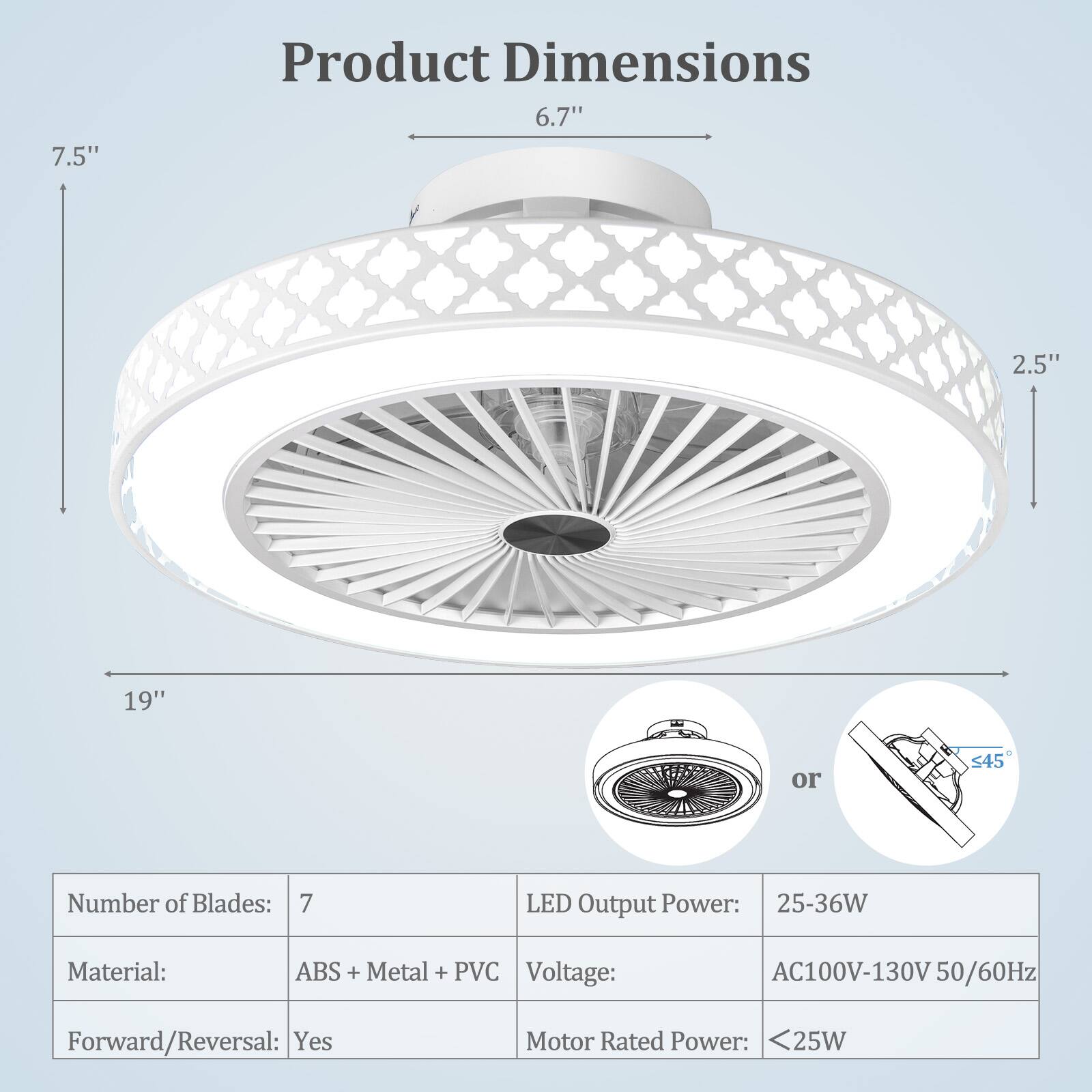 7.5" Product Dimensions 6.7" 2.5" 19" or S45

Number of Blades: 7  
LED Output Power: 25-36W  
Material: ABS + Metal + PVC  
Voltage: AC100V-130V 50/60Hz  
Forward/Reversal: Yes  
Motor Rated Power: <25W