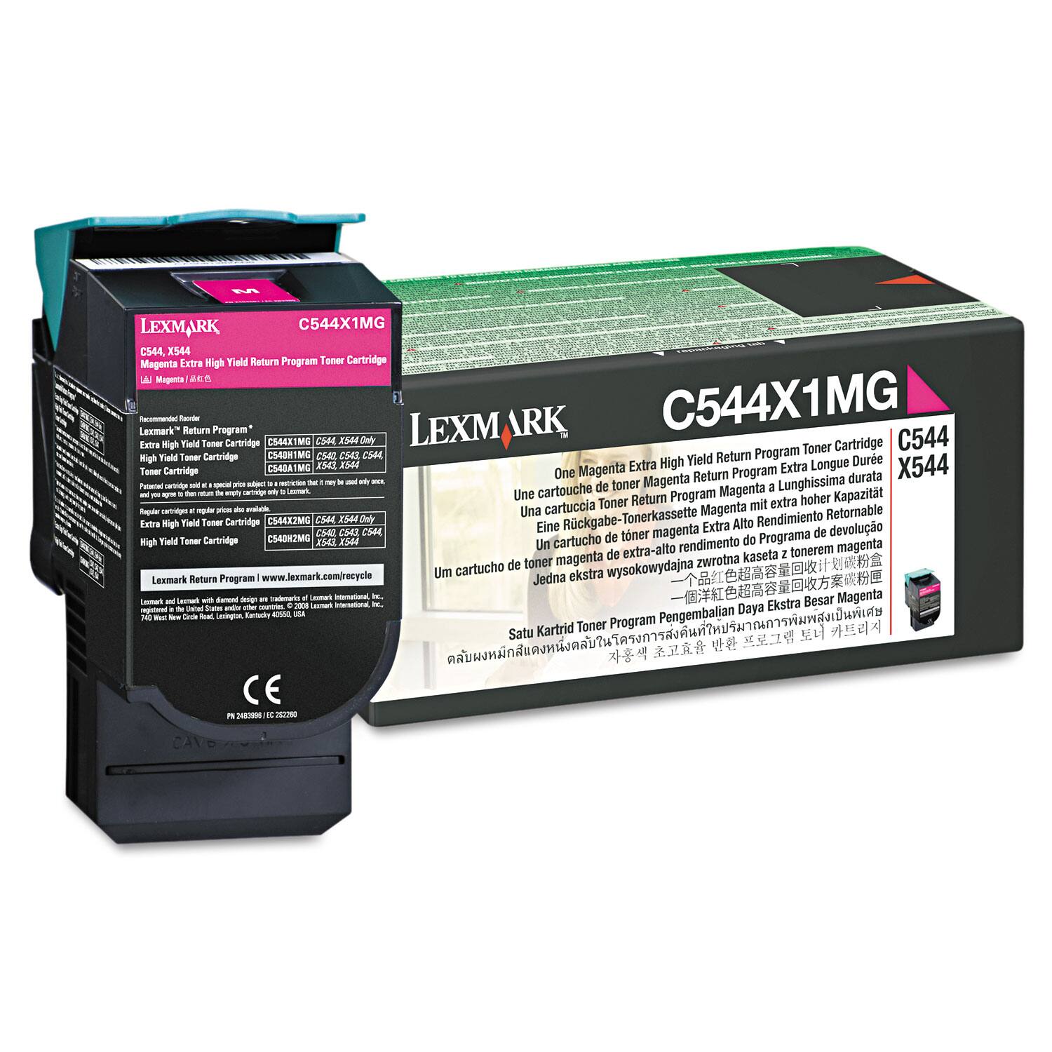 LEXMARK C544X1MG  
C544X544  
Magenta Extra High Yield Return Program Toner Cartridge  

LEXMARK C544X1MG  
C544  
X544  
One Magenta Extra High Yield Return Program Toner Cartridge  

Lexmark Return Program  
www.lexmark.com/recycle  

C544X1MG  
C544  
X544  
Magenta Extra High Yield Return Program Toner Cartridge  

Lexmark Return Program  
www.lexmark.com/recycle  

Lexmark and Lexmark Return Program are trademarks of Lexmark International, Inc.  
Lexmark International, Inc. 740 West Edgewood Drive Lexington, Kentucky 40511, USA  
© 2008 Lexmark International, Inc. All rights reserved.  

CE  

PN 24088016 / C22200  

Lexmark Return Program  
www.lexmark.com/recycle  

Lexmark and Lexmark Return Program are trademarks of Lexmark International, Inc.  
Lexmark International, Inc. 740 West Edgewood Drive Lexington, Kentucky 40511, USA  
©