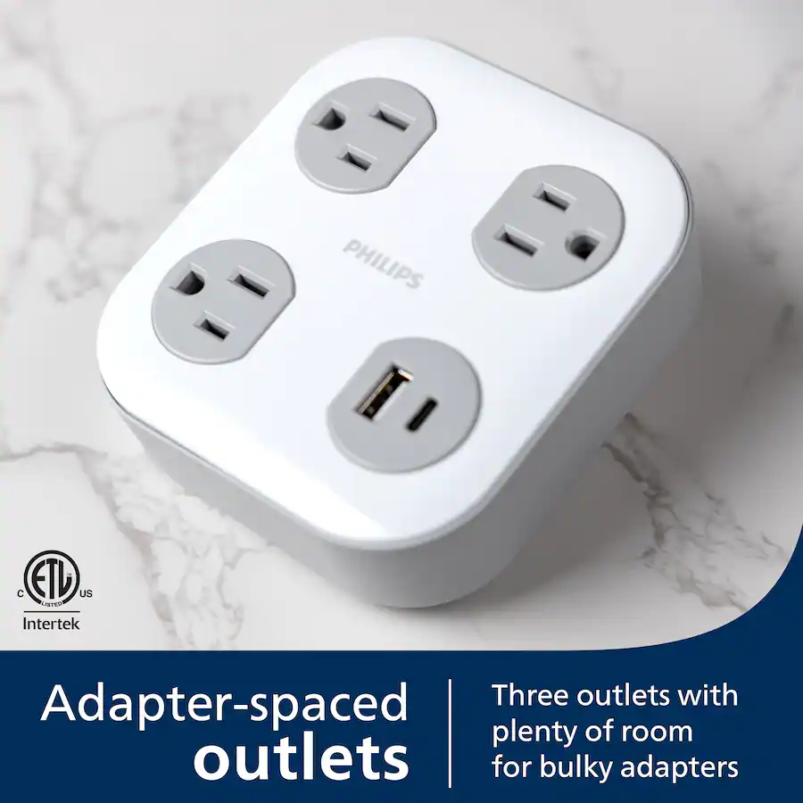 Philips Surge Tap, 3 Grounded Outlets, 1 USB A, 1 USB C, 17W, 1350J ...