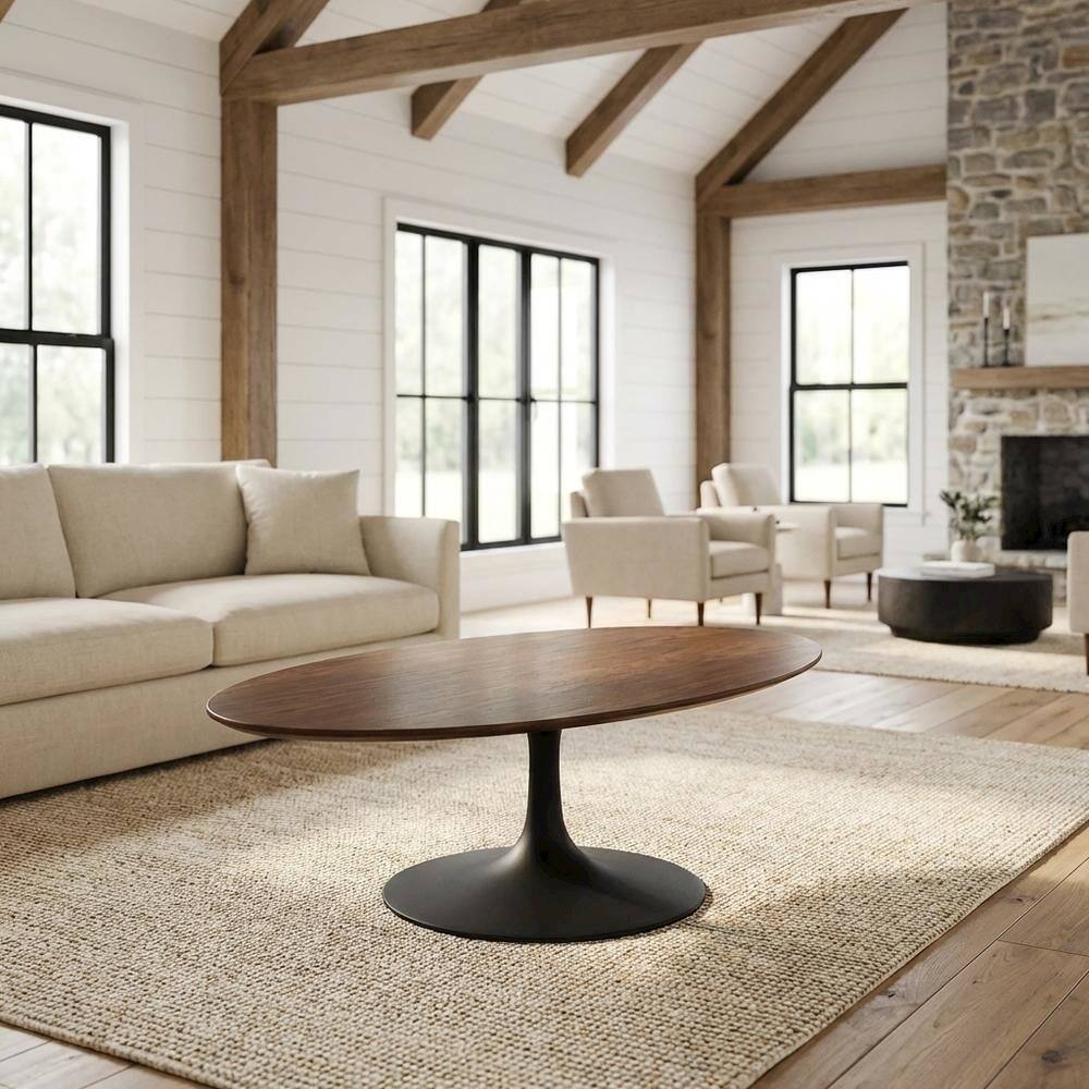 Angle. FurniFact - Oval wood coffee table with set of two, sleek design, modern style - Brown.