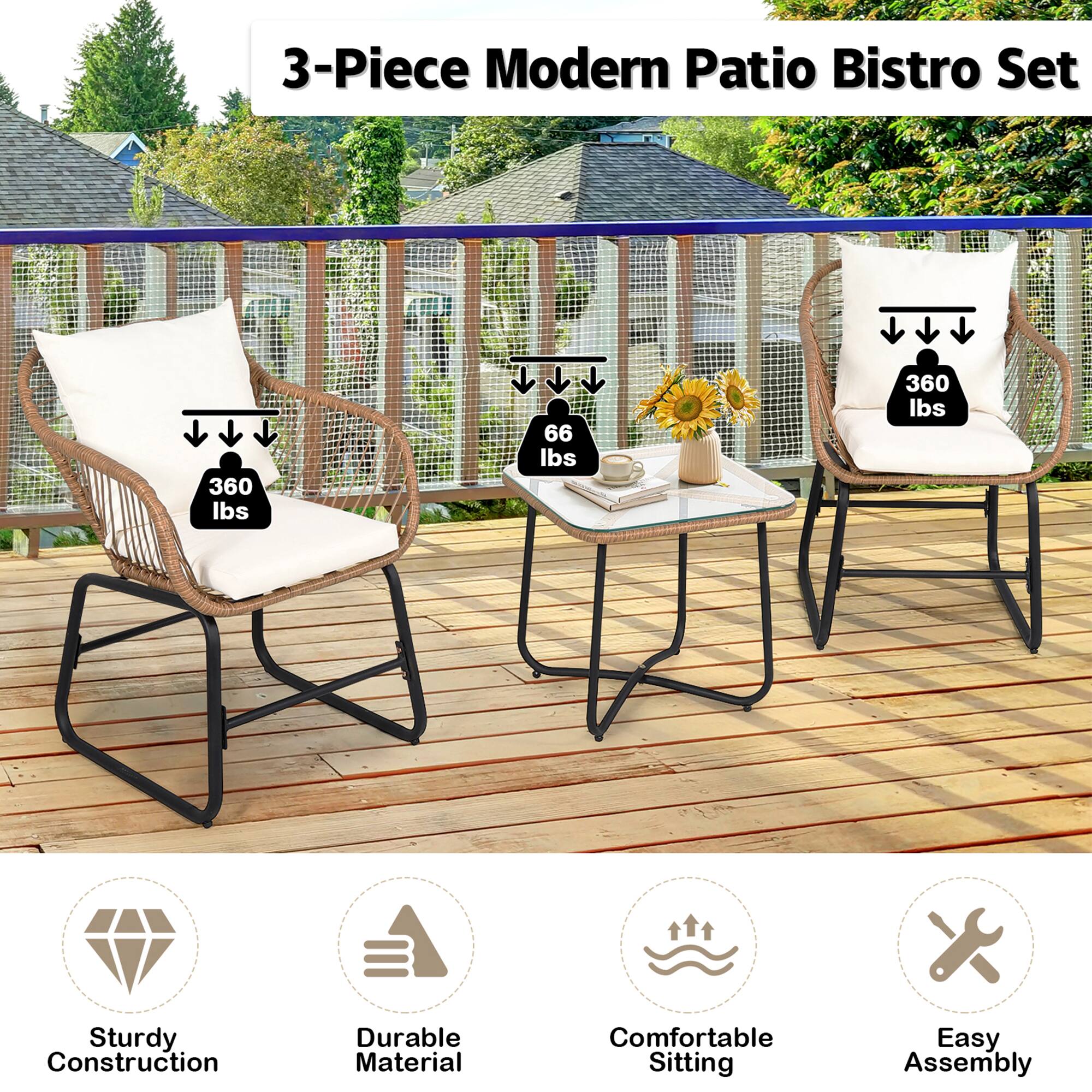 3-Piece Modern Patio Bistro Set, Sturdy Construction, Durable Material, Comfortable Sitting, Easy Assembly