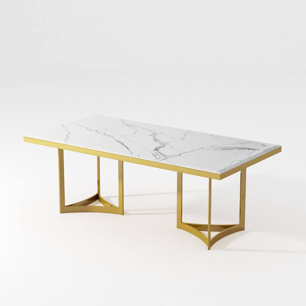 Back. POVISON - 71"Bura Modern Faux Marble Dining Table For 6, White Rectangular Tabletop Gold Stainless Legs - White.