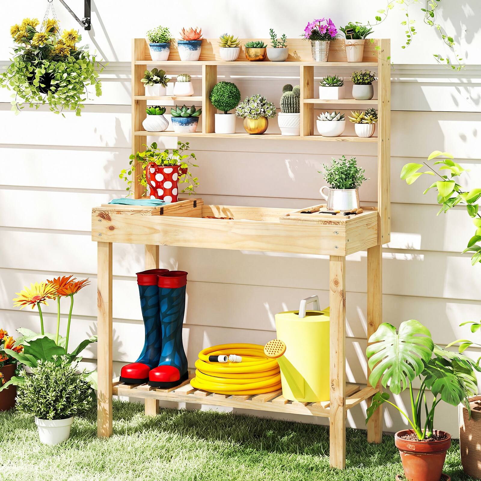 Alt View 1. Costway - Potting Bench Table Wooden Garden Work Bench Platform with Display Rack Hidden Sink - Natural.