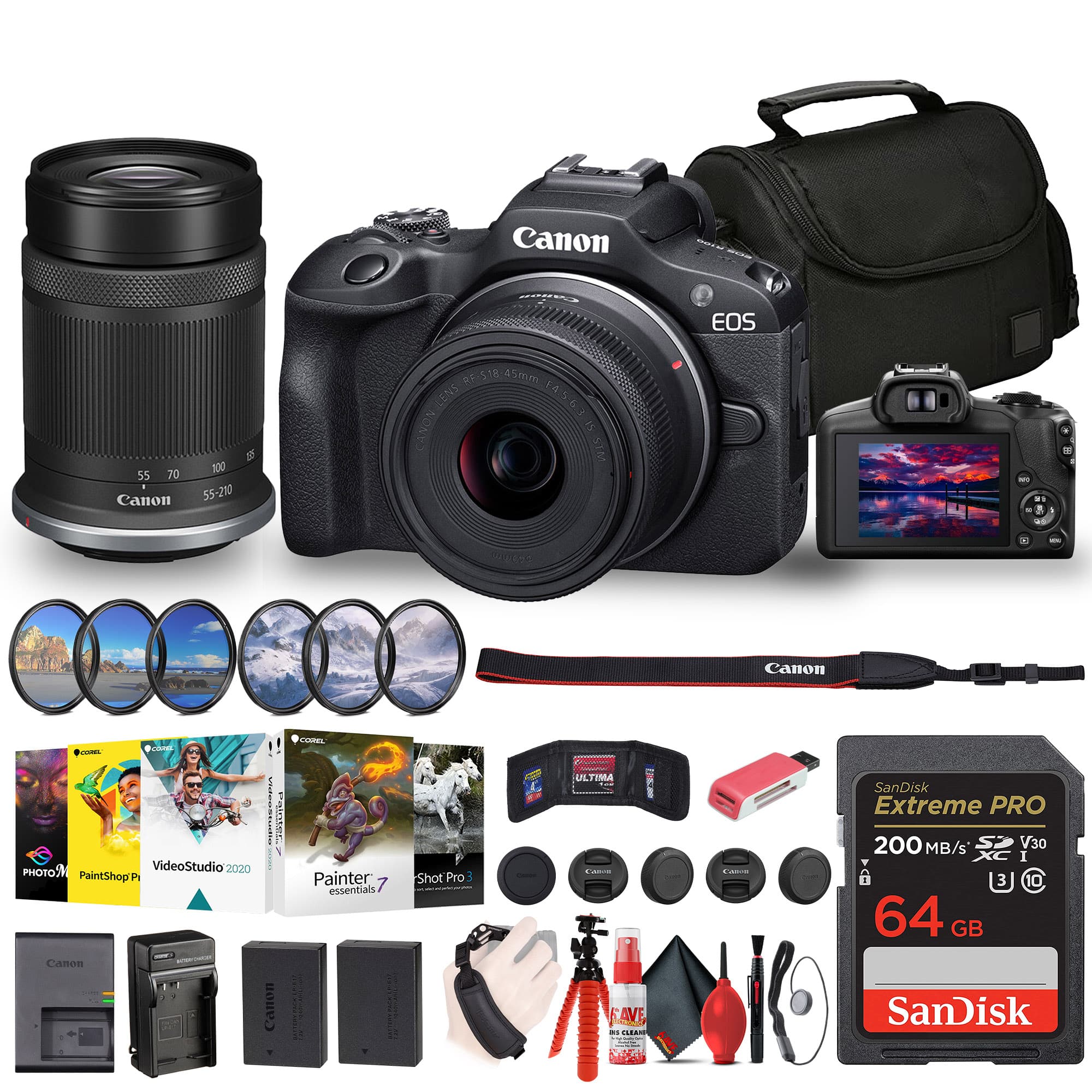 Canon - EOS R100 Mirrorless Camera with 18-45mm and 55-210mm Lenses Kit + Filters + More (International Version) - Black