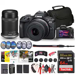 Canon - EOS R100 Mirrorless Camera with 18-45mm and 55-210mm Lenses Kit + Filters + More (International Version) - Black