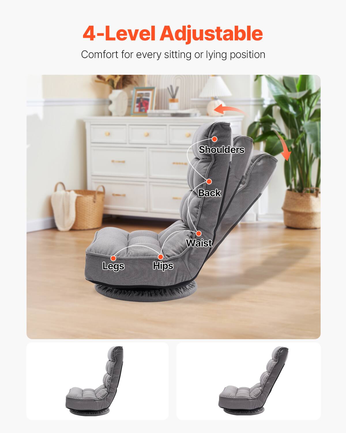 4-Level Adjustable  
Comfort for every sitting or lying position  

Shoulders  
Back  
Waist  
Hips  
Legs