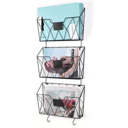 Oumilen - 3 Pack Wall Mount File Organizer, Diamond Wire Mesh Hanging Magazine Rack with Label Plate & Bottom Hooks - Black