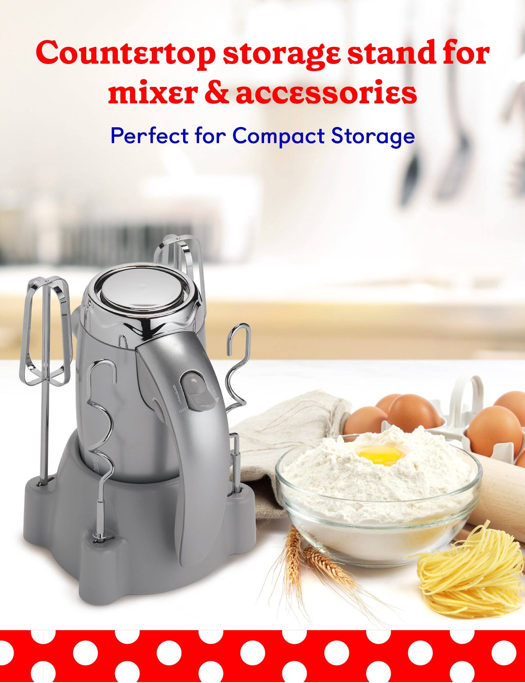 Countertop storage stand for mixer & accessories. Perfect for compact storage.