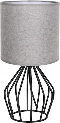 Oumilen - Farmhouse Table Lamp - Small Black Metal Cage Nightstand Lamp with Gray Fabric Shade