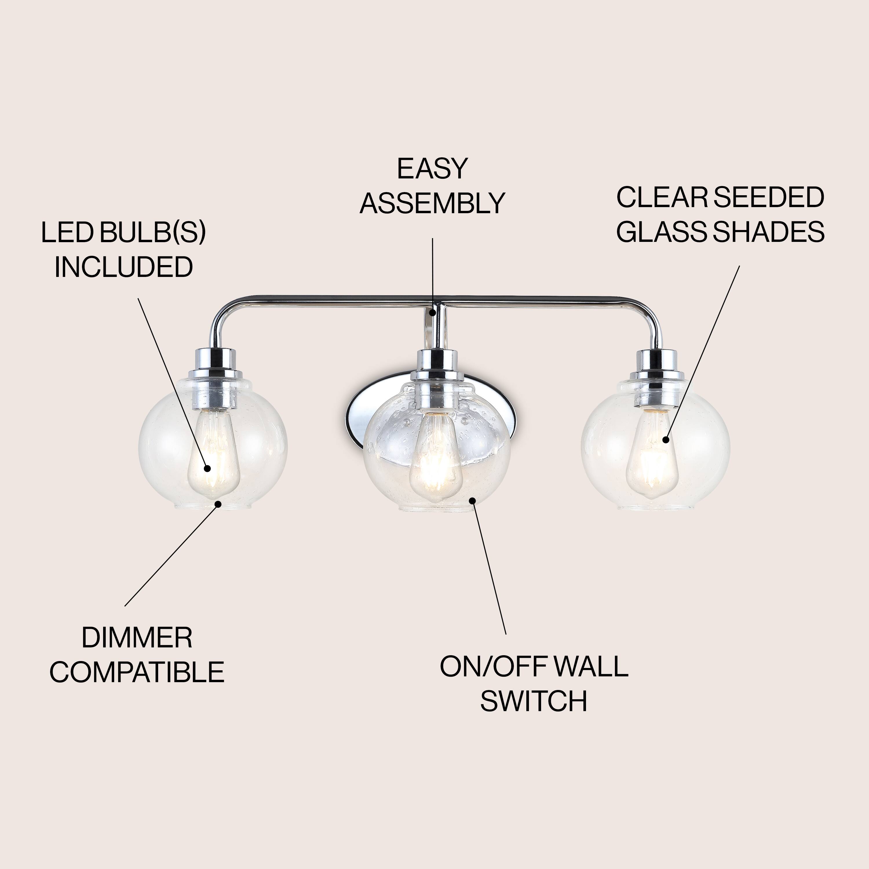 LED BULB(S) INCLUDED  
EASY ASSEMBLY  
CLEAR SEEDED GLASS SHADES  
DIMMER COMPATIBLE  
ON/OFF WALL SWITCH
