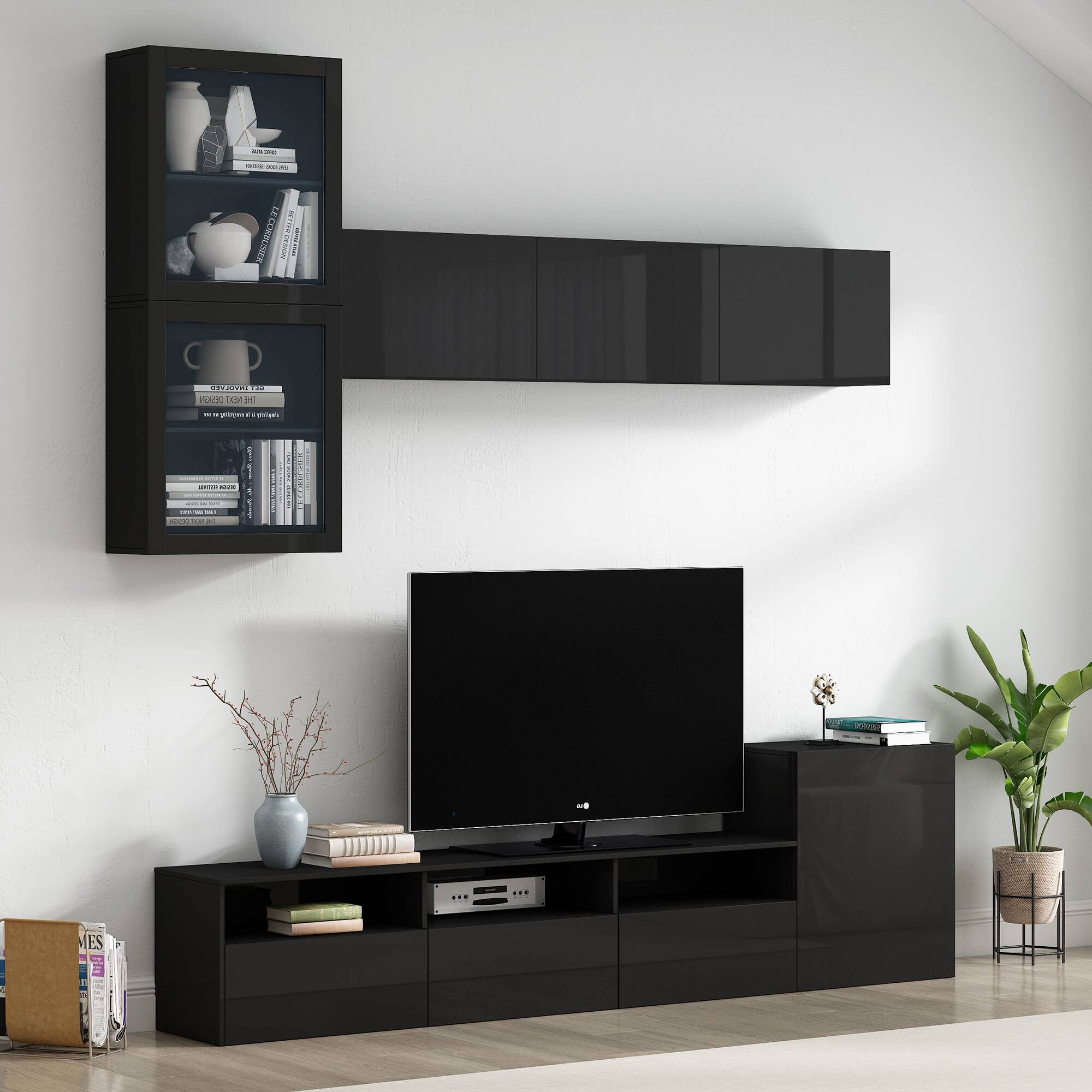 APRILSOUL - High Gloss TV Stand Ample Storage Wall Mounted Cabinets for TVs Up to 78 - Black