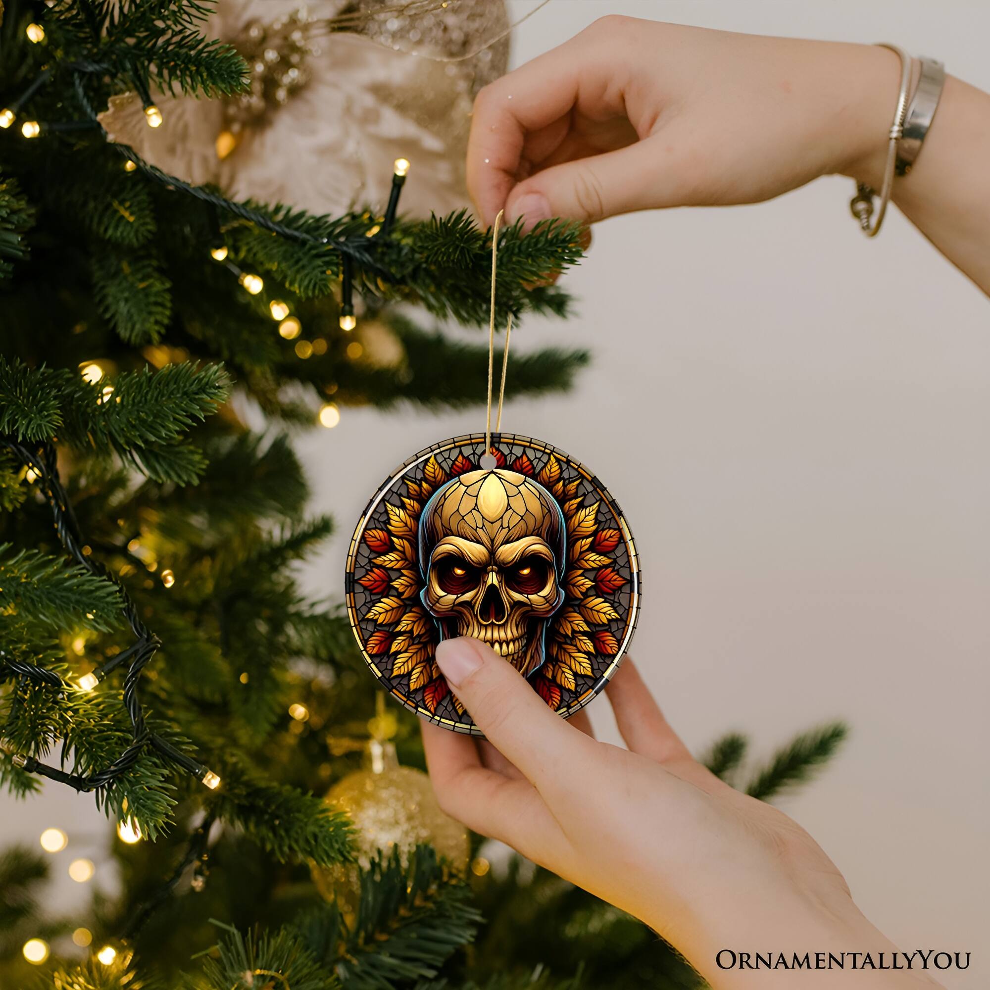 Alt View 1. OrnamentallyYou - Spine-Chilling Haunting Skull Stained Glass Style Ceramic Ornament Halloween Themed Christmas Gift - Multi-colored.