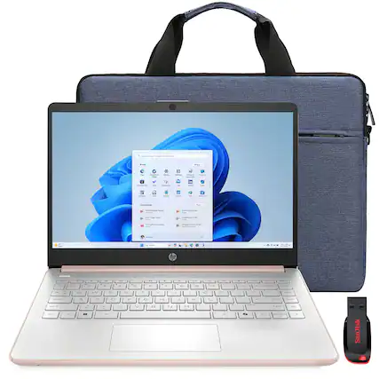 Front. HP - HP 14" Laptop Intel Celeron N4500 4GB, 64GB eMMC Rose Gold + Bag, USB FlashDrive - Pale Rose Gold.