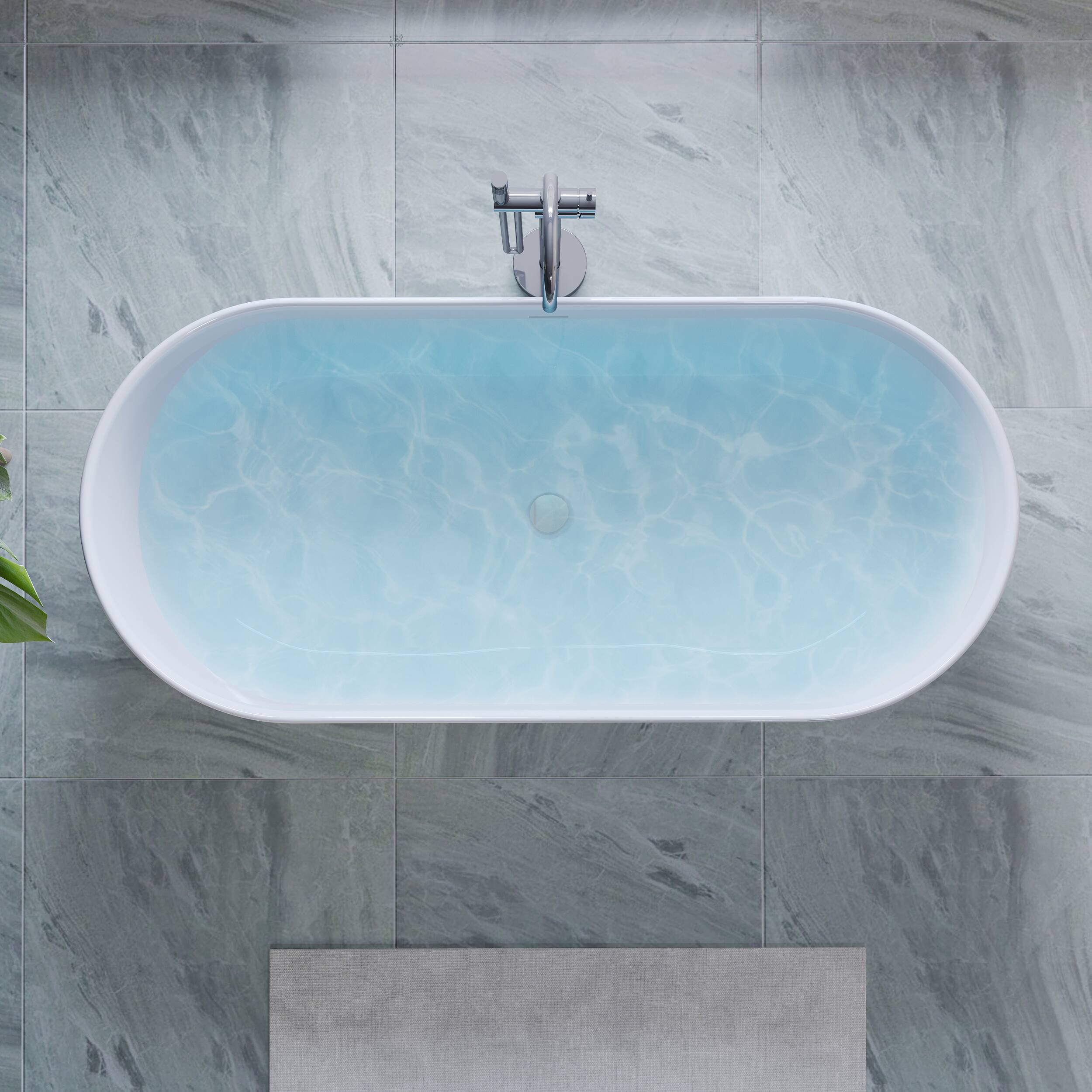 Left. WELLFOR - Seren 67 in. x 30 in. Acrylic Oval Freestanding Soaking Bathtub with Center Pop-Up Drain and Overflow - White.