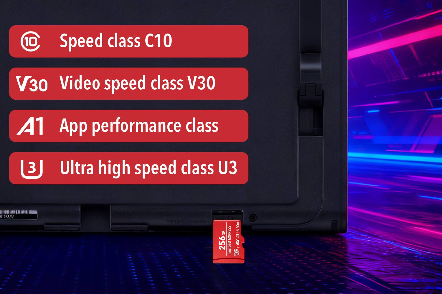 - Speed class C10
- Video speed class V30
- App performance class A1
- Ultra high speed class U3

256GB microSD EX XC