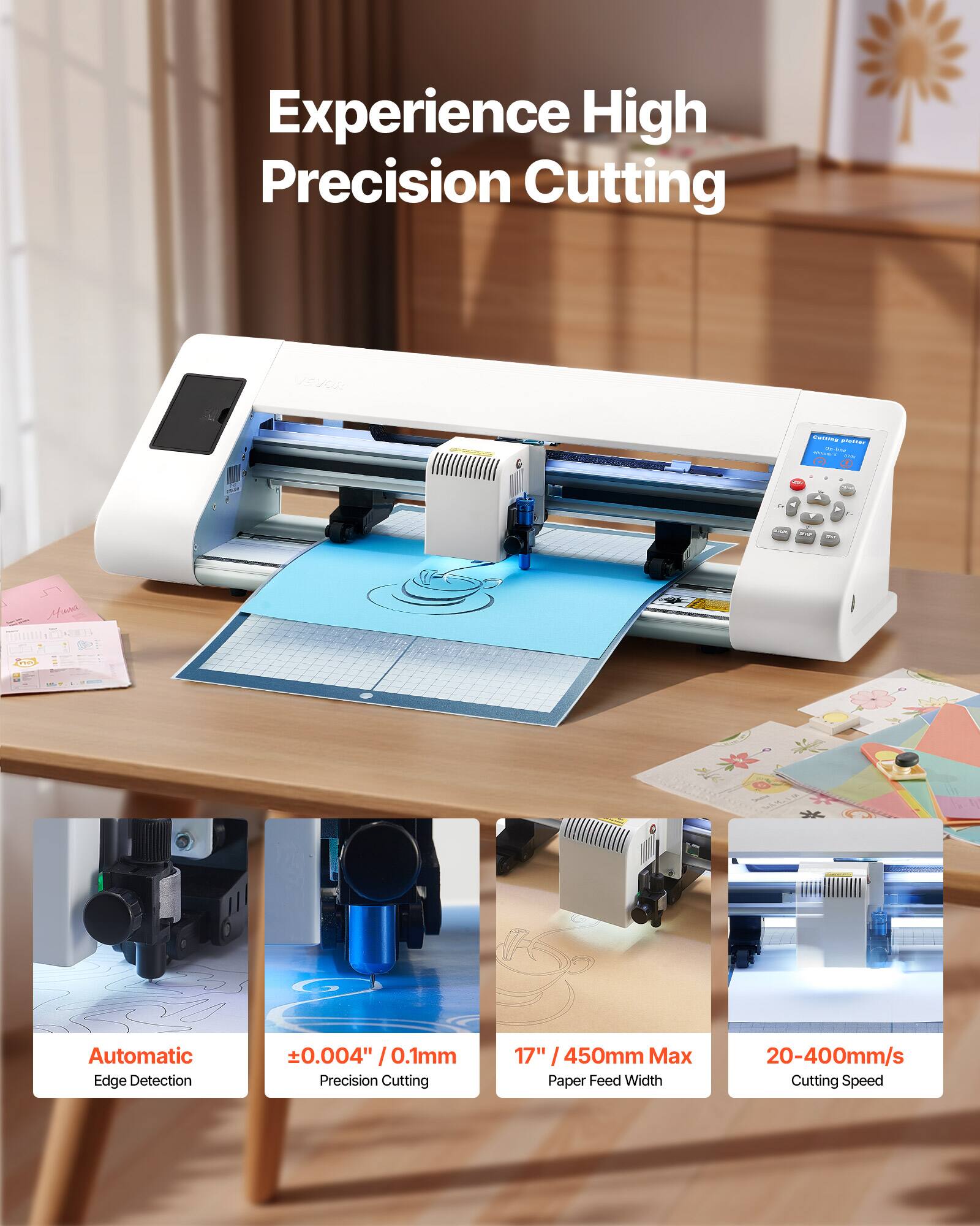 Experience High Precision Cutting

VEVOR

Automatic Edge Detection
±0.004" / 0.1mm
17" / 450mm Max Precision Cutting Paper Feed Width
20-400mm/s Cutting Speed