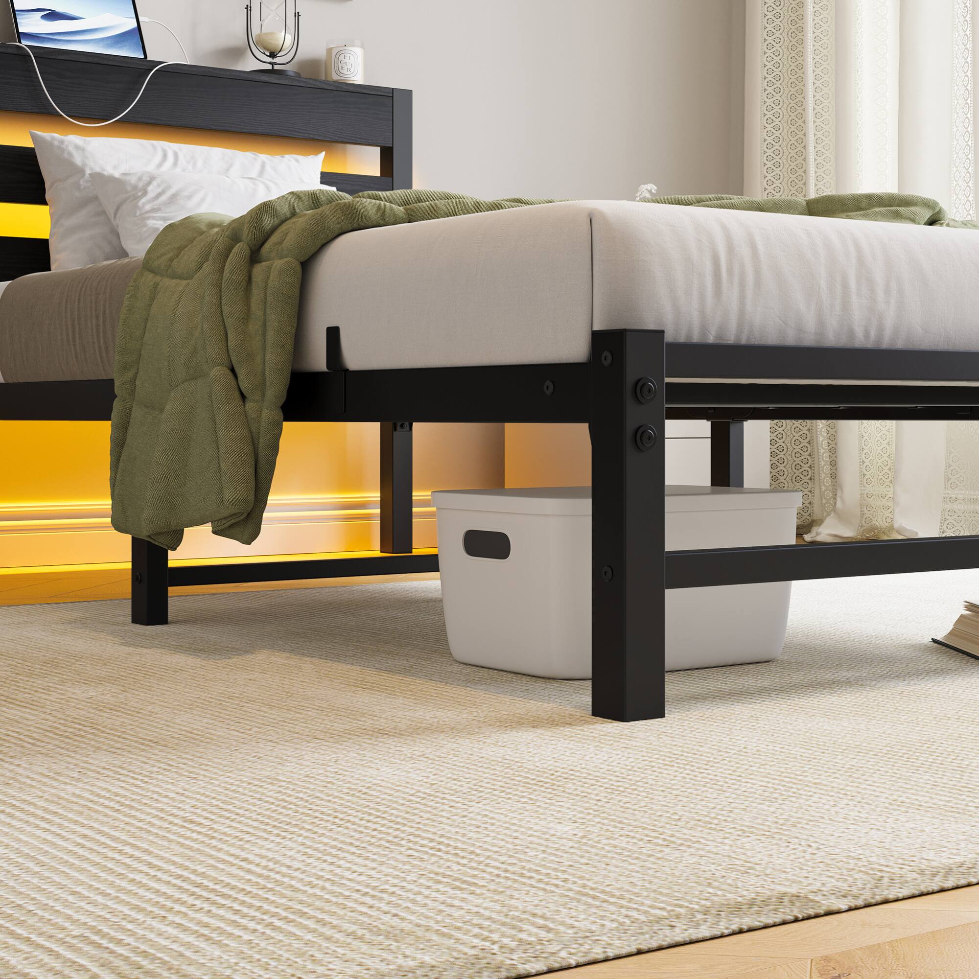 Alt View 4. GOODSILO - Heavy Duty Twin Size Platform Bed Frame with USB Charging, LED Lighting, and Under-Bed Storage - Black.