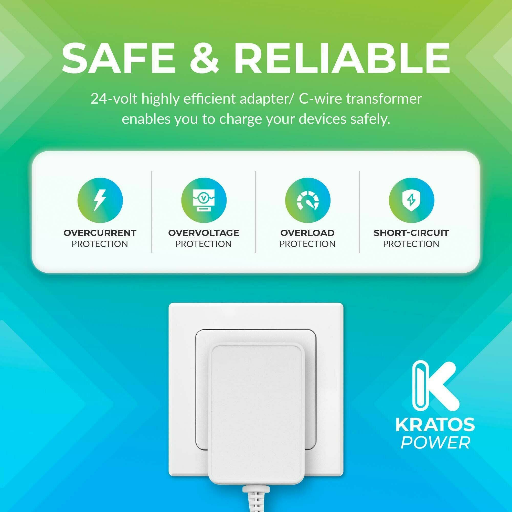 SAFE & RELIABLE

24-volt highly efficient adapter/ C-wire transformer enables you to charge your devices safely.

- OVERCURRENT PROTECTION
- OVERVOLTAGE PROTECTION
- OVERLOAD PROTECTION
- SHORT-CIRCUIT PROTECTION

KRATOS POWER