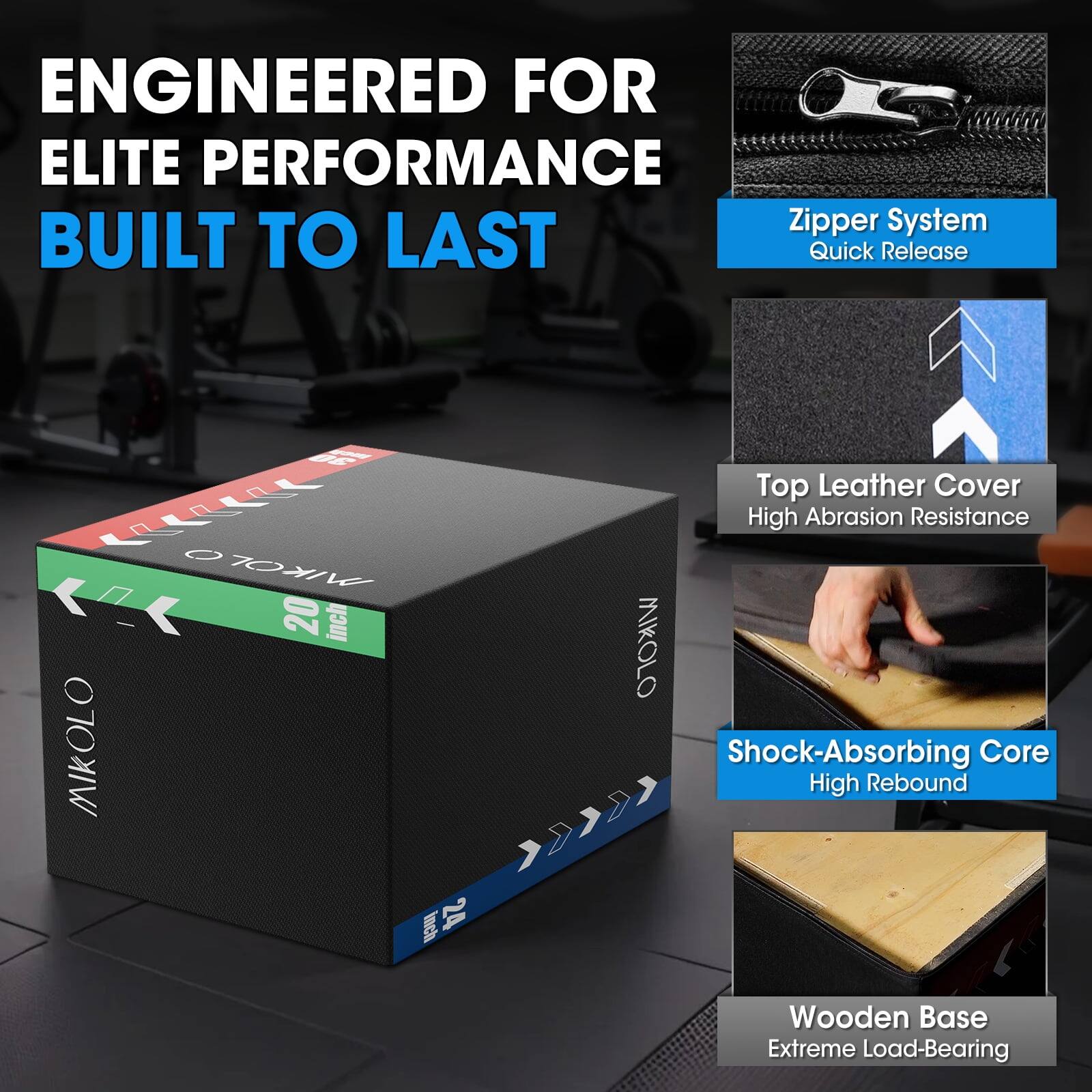 ENGINEERED FOR ELITE PERFORMANCE  
BUILT TO LAST  

- Zipper System  
  Quick Release  

- Top Leather Cover  
  High Abrasion Resistance  

- Shock-Absorbing Core  
  High Rebound  

- Wooden Base  
  Extreme Load-Bearing  

20 inch  
MIKOL