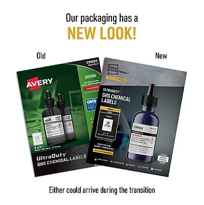 Our packaging has a NEW LOOK!

Old:
AVERY INDUSTRIAL 60506 ULTRA DUTY GHS CHEMICAL LABELS

New:
AVERY INDUSTRIAL 12 ARKH ULTRA DUTY GHS CHEMICAL LABELS

Either could arrive during the transition