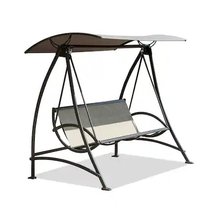 Front. Mondawe - 3-Seat Patio Swing Chair with Adjustable Canopy and Durable Steel Frame - Dark Brown.
