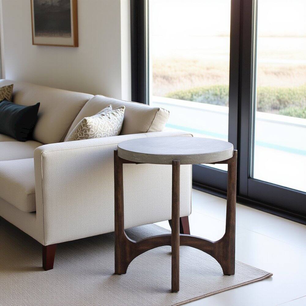 Back. Starlight Canyon Home - Farmhouse End Table, Brown Eucalyptus & Birch with Concrete Composite Top - Brown.