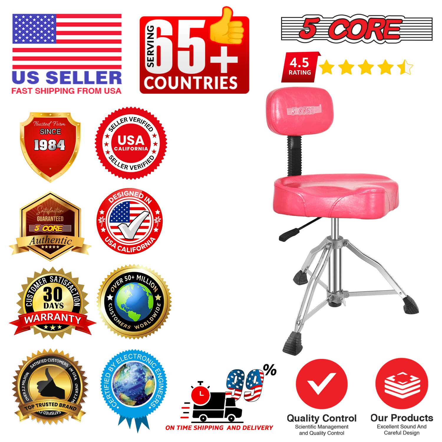 Sure, here is the corrected and grouped text from the image:

---

**US SELLER**  
FAST SHIPPING FROM USA

**SERVING 65+ COUNTRIES**

**5 CORE**  
4.5 RATING

**TRUSTED SINCE 1984**

**SELLER VERIFIED**  
USA CALIFORNIA

**DESIGNED IN USA CALIFORNIA**

**SATISFACTION GUARANTEED**  
5 CORE Authentic

**30 DAYS WARRANTY**

**OVER 50+ MILLION CUSTOMERS WORLDWIDE**

**SATISFIED CUSTOMERS BY ELECTRONIC ENGINEERS**

**TOP TRUSTED BRAND**

**ON TIME SHIPPING AND DELIVERY**

**Quality Control**  
Scientific Management and Quality Control

**Our Products**  
Excellent Sound And Careful Design

**% NOW**  
(Percentage symbol with a checkmark)

---

This text is organized to reflect the various badges and information presented in the image.