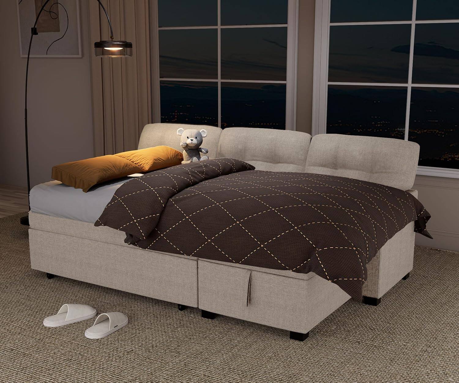 Left. Tiramisubest - Reversible Sectional Sofa,Sleeper Sofa with Storage Chaise,Pull Out Couch Bed | Removable Backrest | Linen Fabric,Beige - Beige.