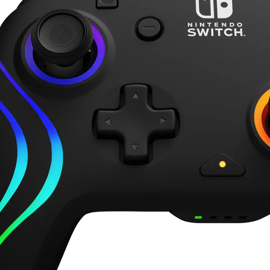 The text on the image reads "Nintendo Switch," which is a gaming console developed by Nintendo. The image features a close-up of a Nintendo Switch controller, which is designed to be used with the console. The controller has a black and blue color scheme, and it is equipped with a built-in Nintendo Switch button.