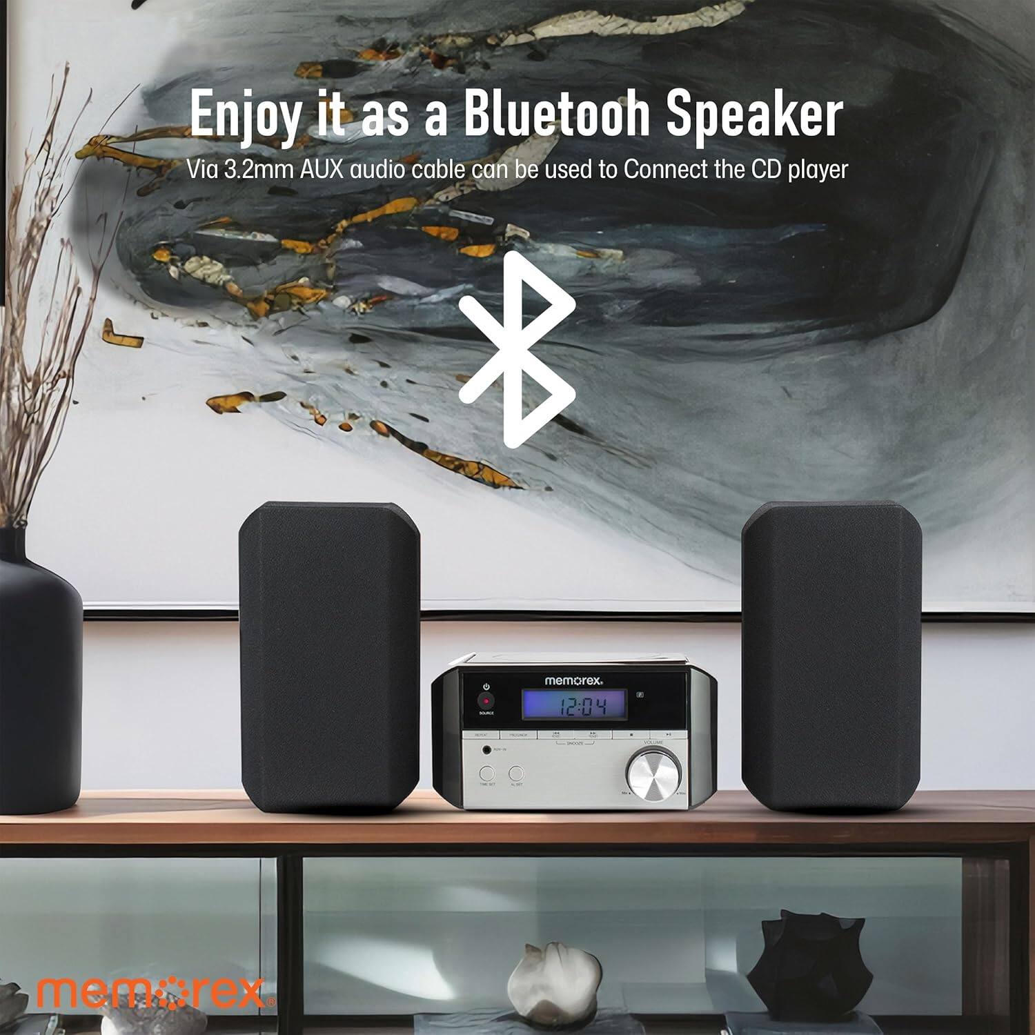 Enjoy it as a Bluetooth Speaker
Via 3.2mm AUX audio cable can be used to Connect the CD player
memorex
12:04
mem:crex