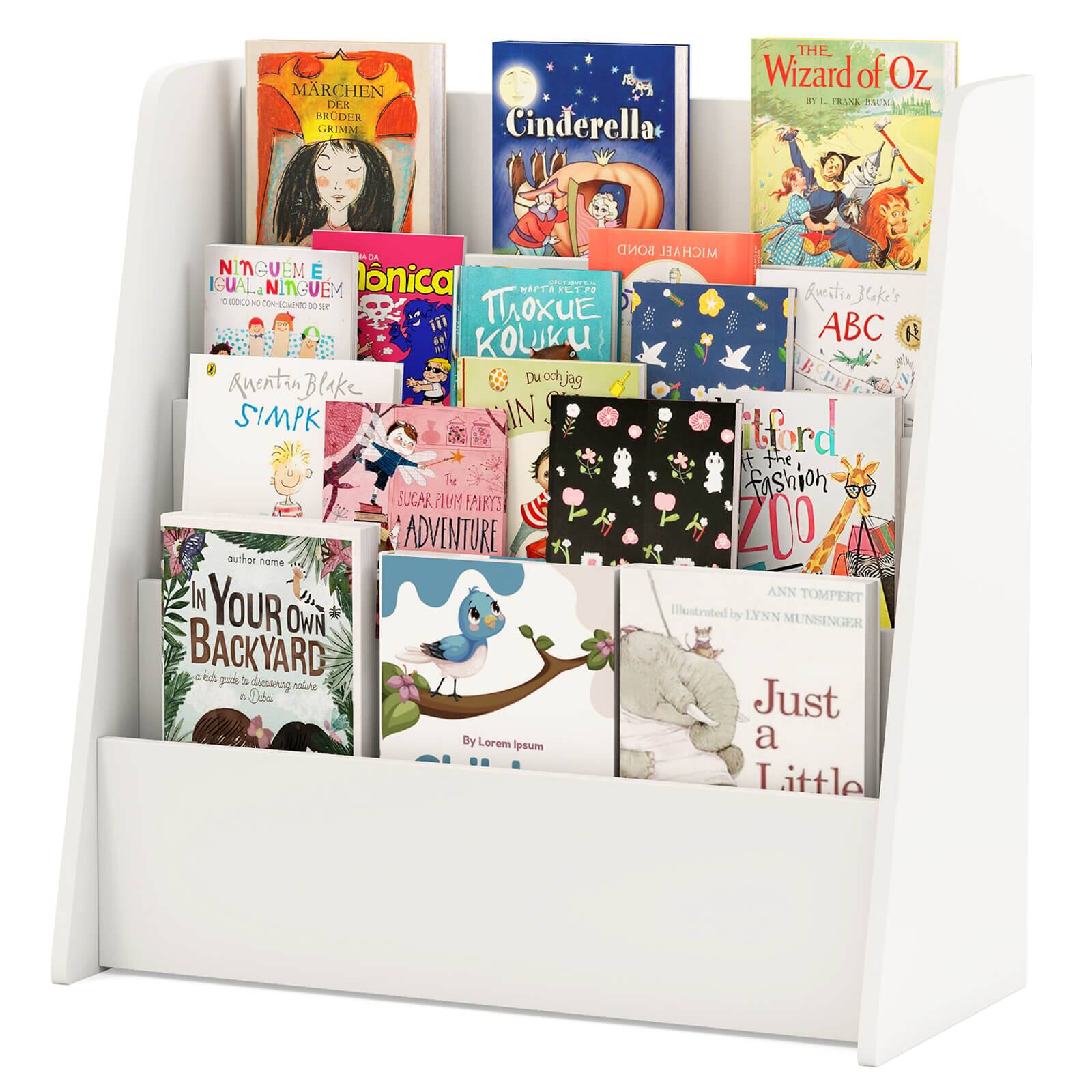 The image shows a collection of children's books, including titles such as "Cinderella," "The Wizard of Oz," "Your Own Backyard," "Just a Little," and "The Adventures of Tintin." The books are arranged in a white bookshelf, with some books placed on top of each other. The variety of books suggests a diverse range of interests and age groups, making it an appealing display for children and their families.