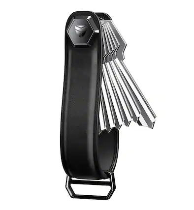 Front. Dexnor - Leather Key Organizer, Key Holder Fits Up to 6 Keys, Equipped with Stainless Steel Hanging Loop & Extra Spacers - Black.