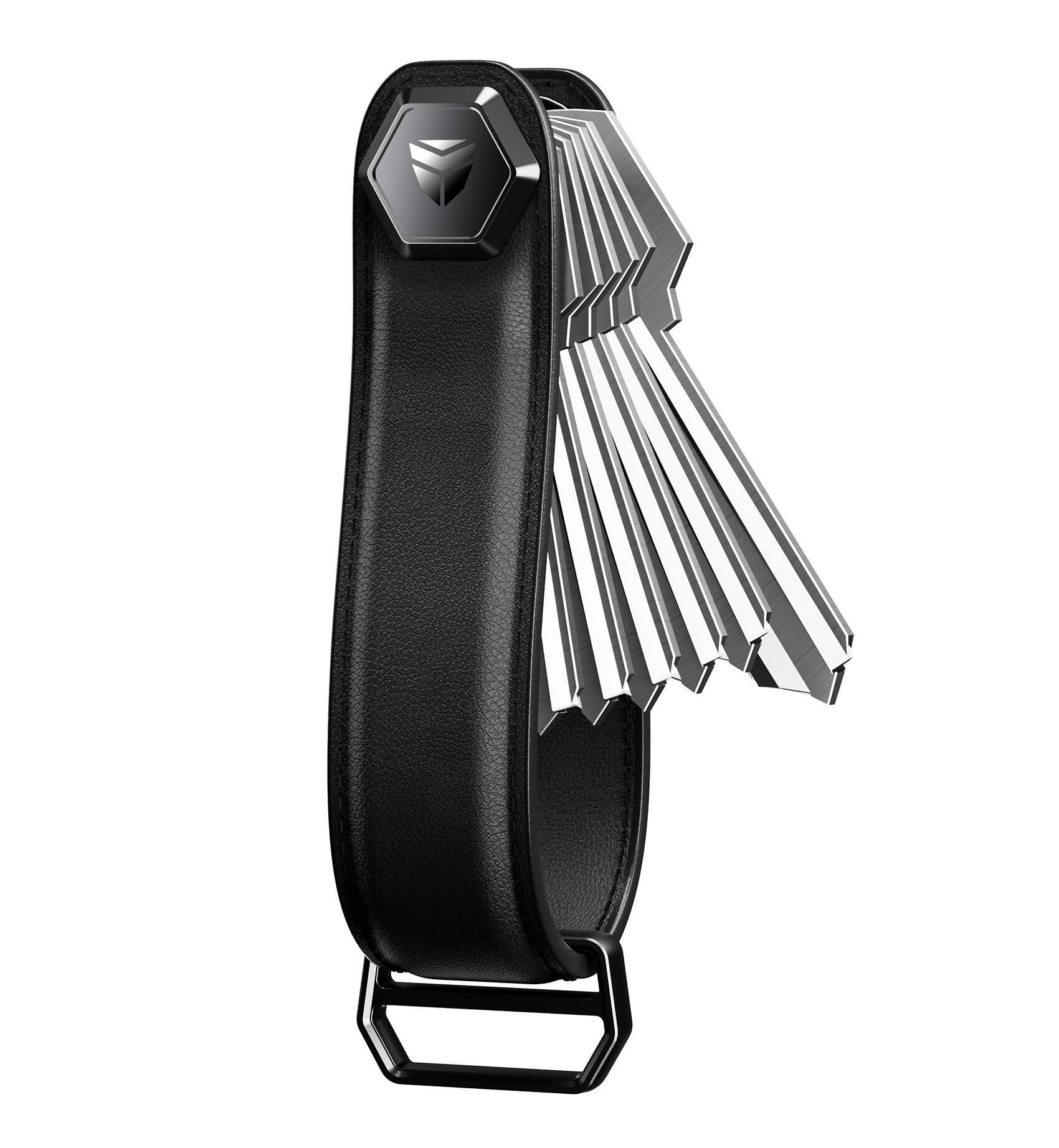 Front. Dexnor - Leather Key Organizer, Key Holder Fits Up to 6 Keys, Equipped with Stainless Steel Hanging Loop & Extra Spacers - Black.