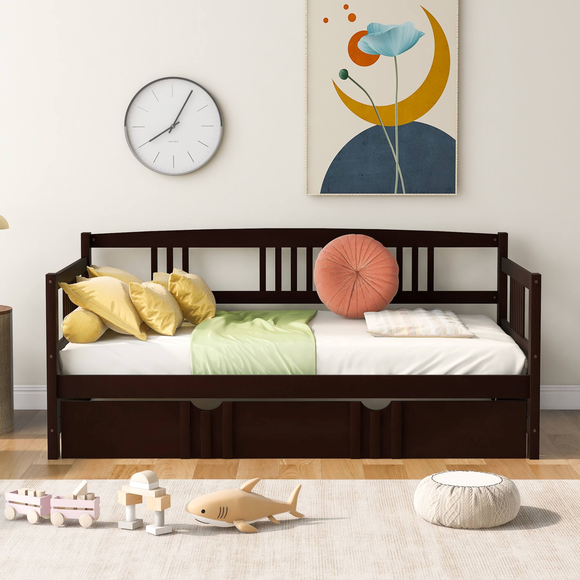 Angle. GOODSILO - Twin Size Daybed with Trundle - Solid Wood Frame for Versatile Living Space Solutions - Espresso.