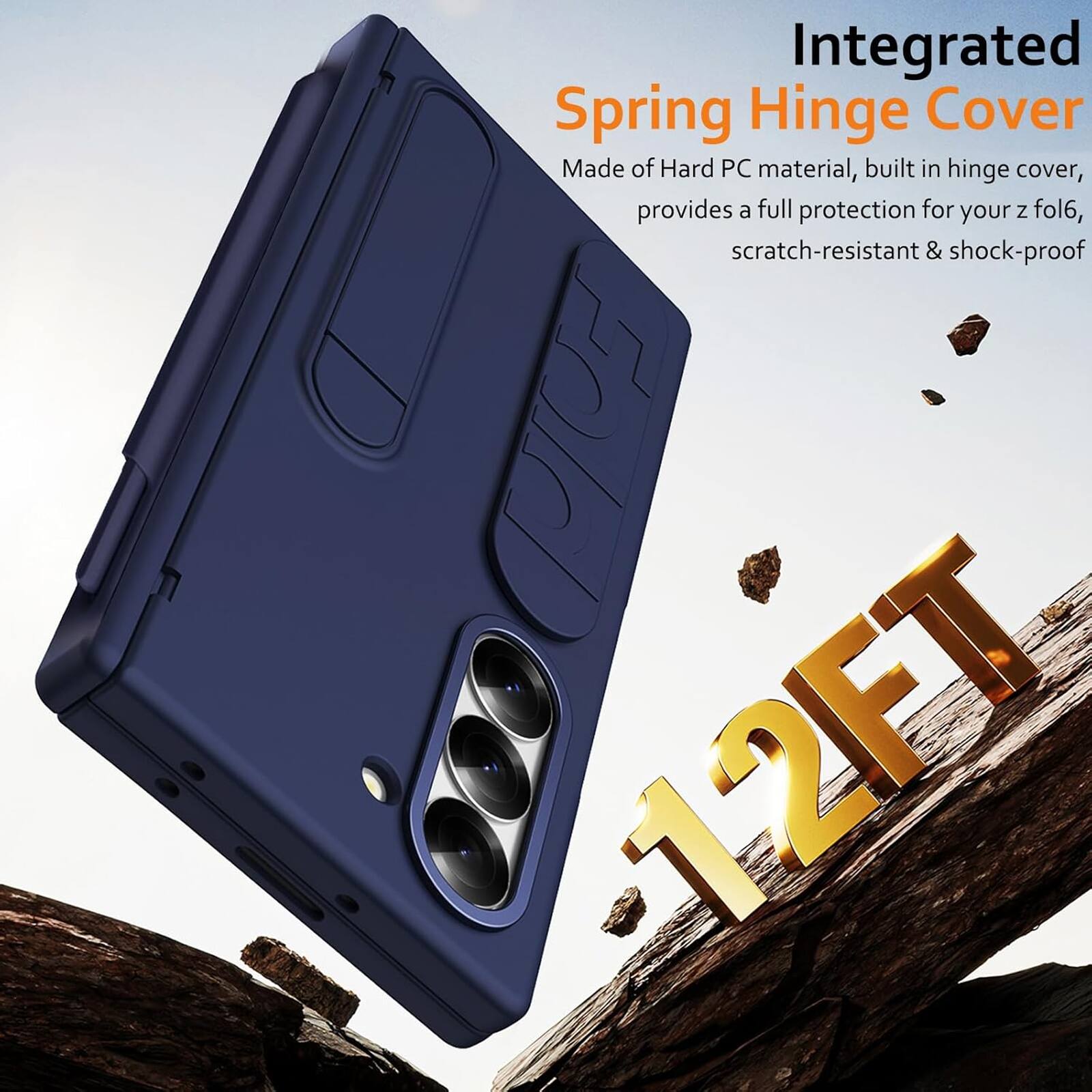 Integrated Spring Hinge Cover Made of Hard PC material, built in hinge cover, provides a full protection for your Z fold6, scratch-resistant & shock-proof. Fold 12FT