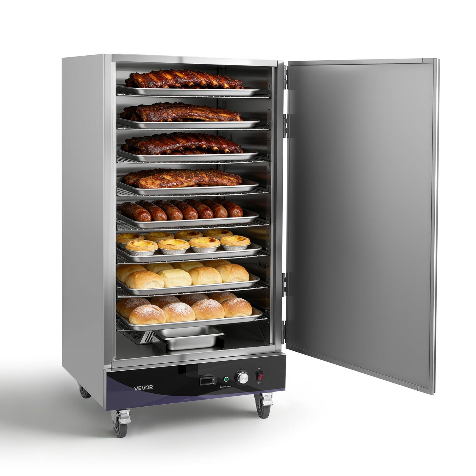 Front. VEVOR - Electric Hot Box Food Warmer, 8-Tier Commercial Warming Cabinet with Water Tray, Single-Door and Adjustable Shelves - Silver.