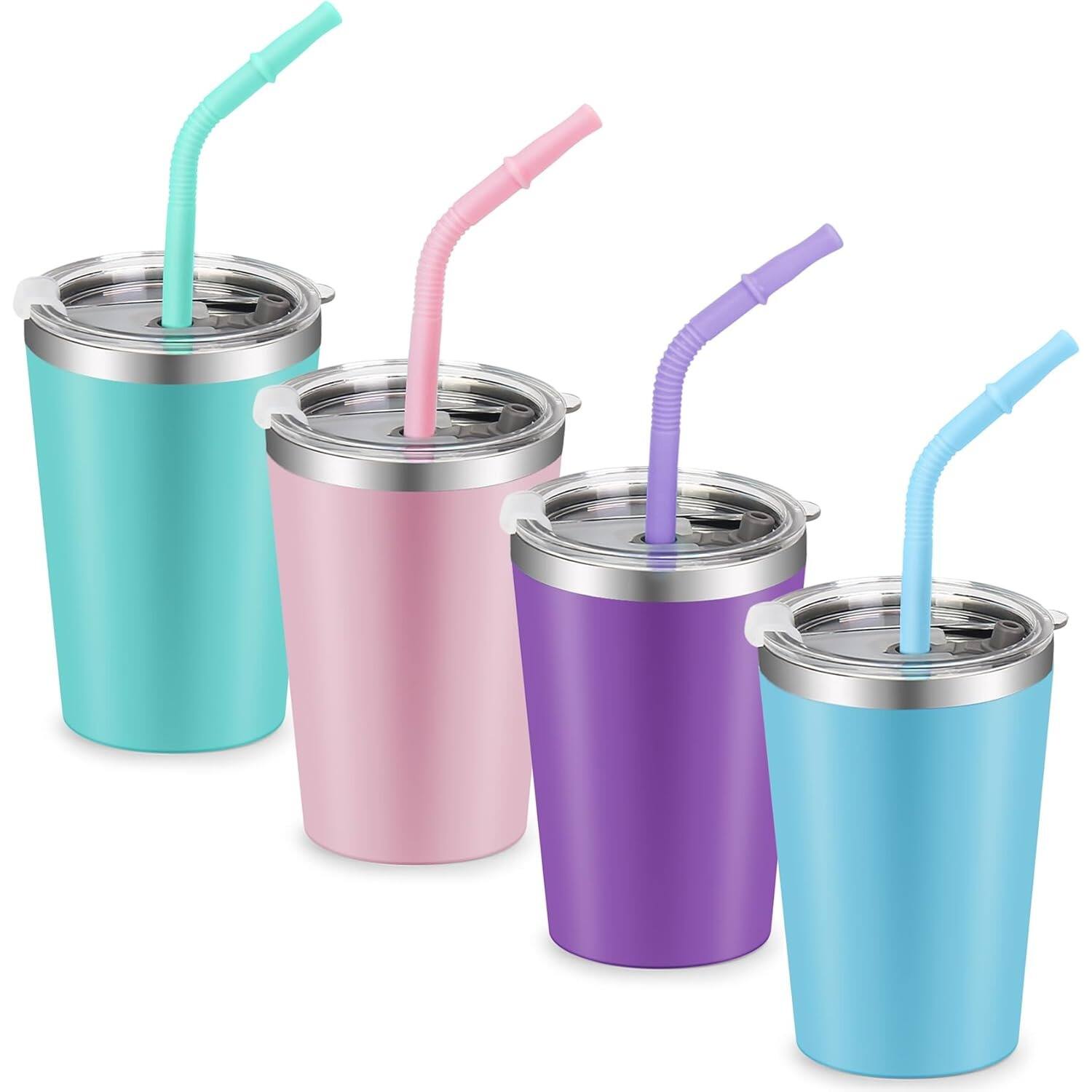 Front. PARKER SLATER - 4 pack 12oz stainless steel kids tumblers with lids and straws, spill-proof, double wall insulated for all ages. - Multicolor.