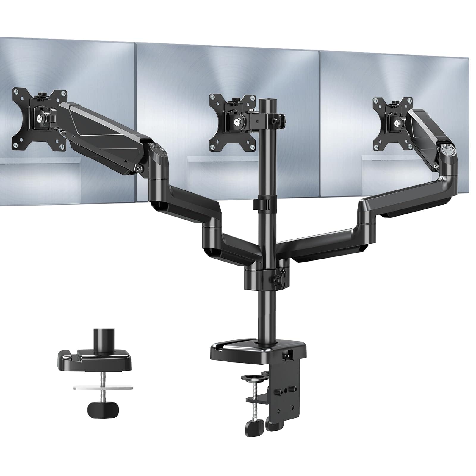 Family - Triple Monitor Gas Spring Desk Mount 27" Tilt Swivel VESA 75x75 100x100 - BLACK 17.6lbs