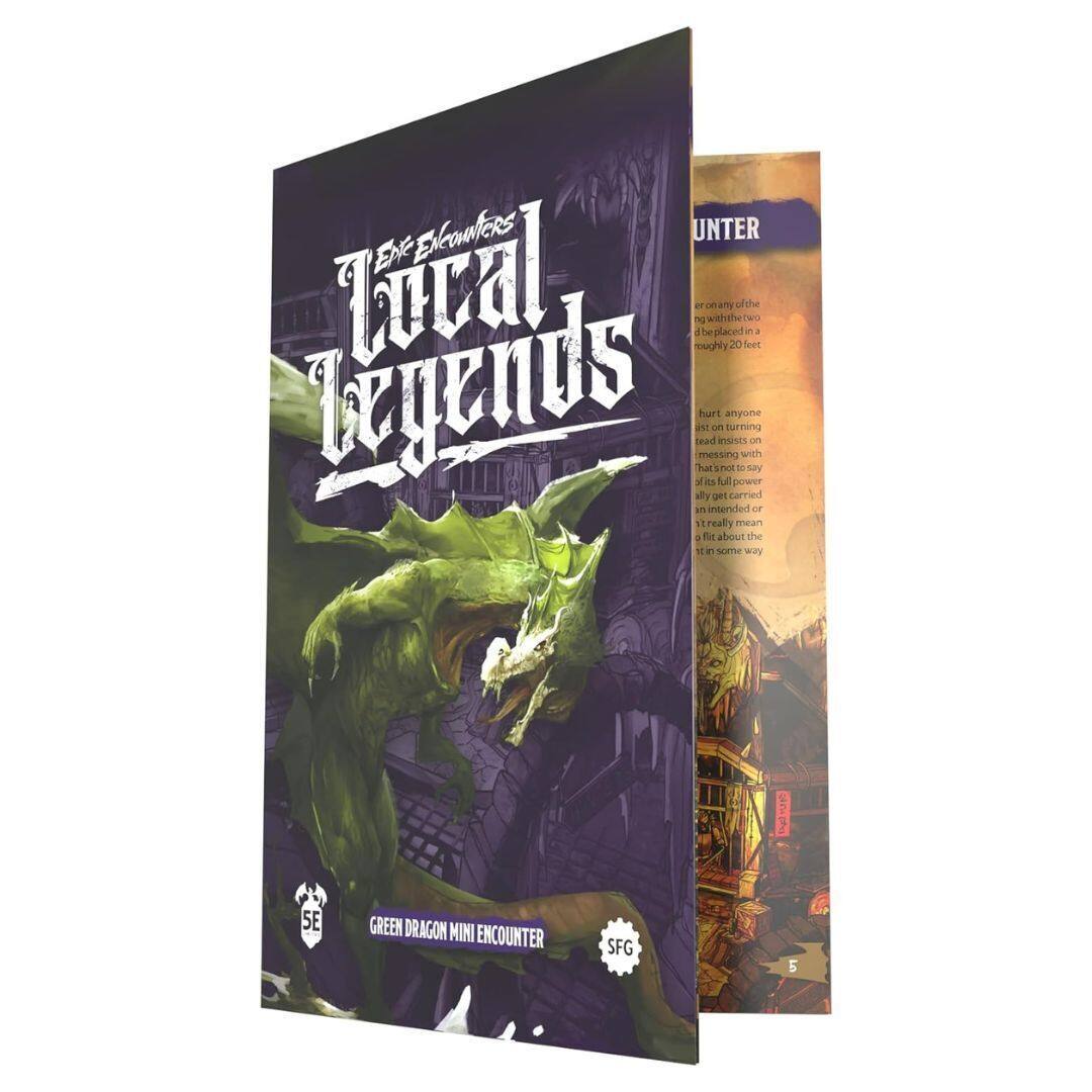 **Front Cover:**
- **Title:** "Encounters: Local Legends"
- **Subtitle:** "Green Dragon Mini Encounter"
- **Logo:** "SFG" (bottom right corner)
- **Number:** "5E" (bottom left corner)

**Back Cover:**
- **Text:**
  - "Encounter or any of the creatures within the two placed roughly 20 feet apart."
  - "Hurt anyone that comes within 10 feet of the dragon. The dragon is not to be messed with. It has full power and will get carried away if anyone gets too close. It is really mean and will fit in some way."
  - "Legend: The green dragon is a local legend. It is said to be the guardian of the area and will not hesitate to attack anyone who threatens it."

**Spine:**
- **Text:** "Encounter"