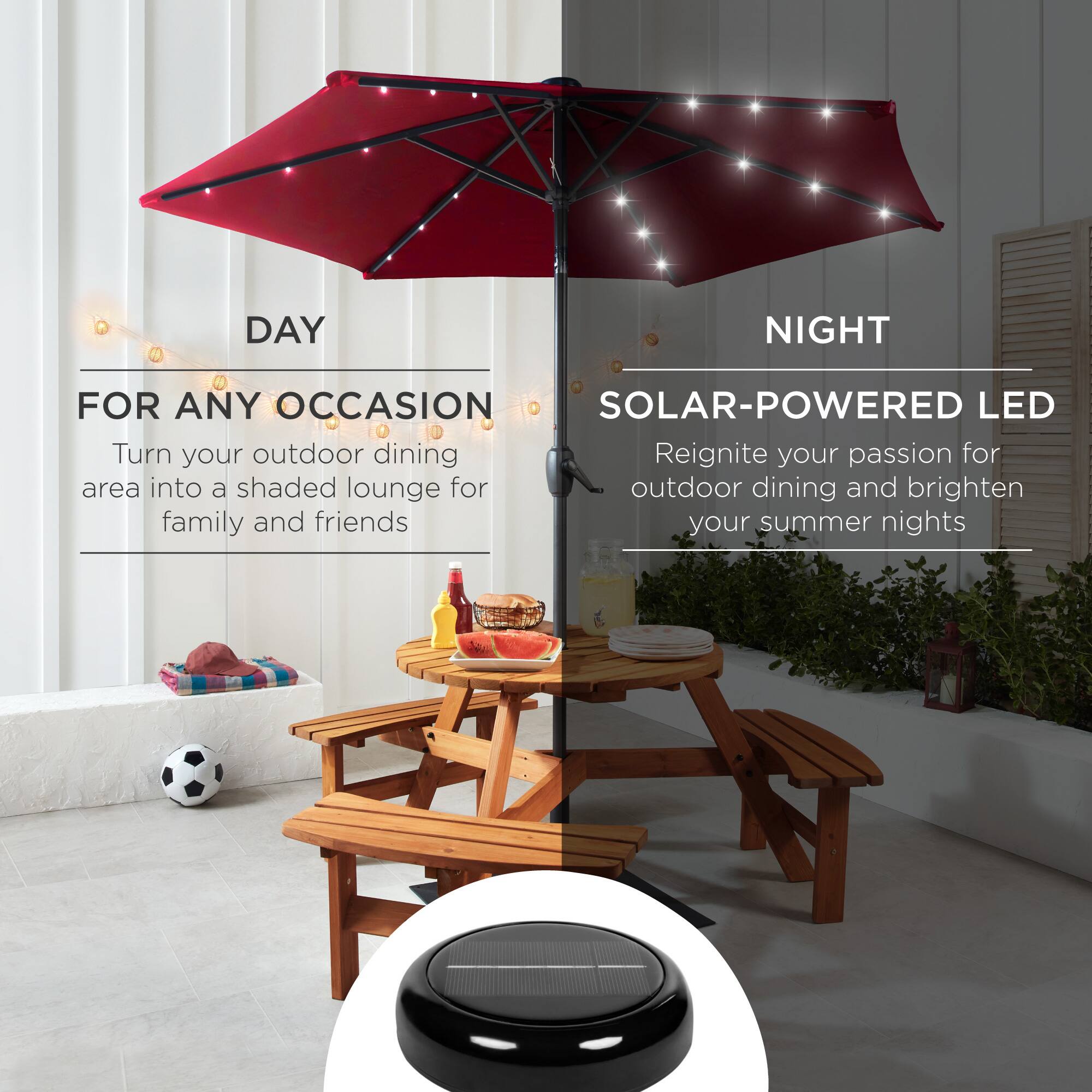 **DAY**

**FOR ANY OCCASION**

Turn your outdoor dining area into a shaded lounge for family and friends

**NIGHT**

**SOLAR-POWERED LED**

Reignite your passion for outdoor dining and brighten your summer nights