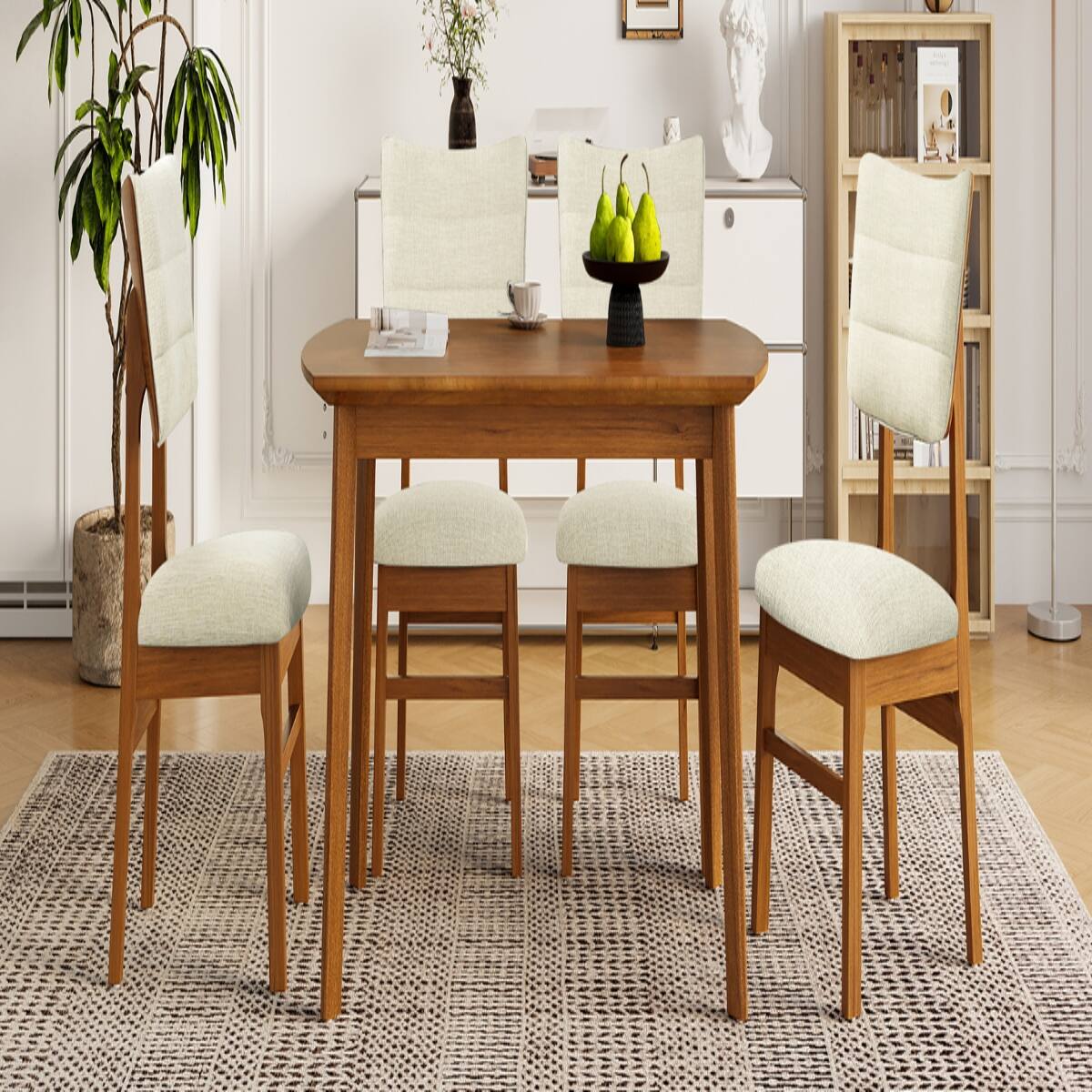 Alt View 8. Loheer - Loheer Farmhouse Dining Table Set for 4 with Upholstered Dining Chairs, Brown and Beige - Brown and Beige.