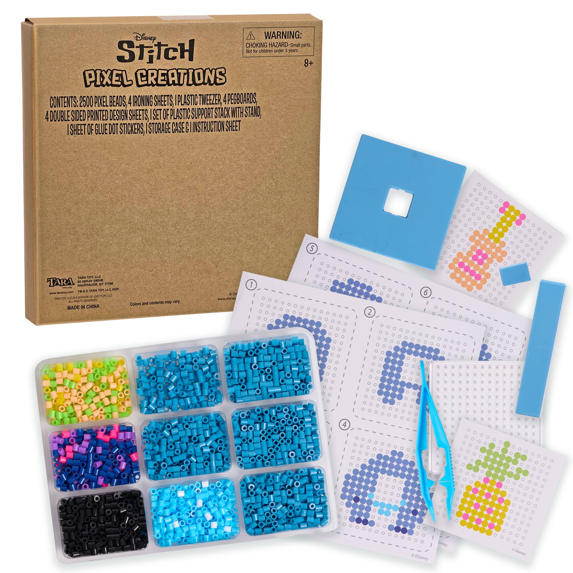 Disney WARNING: CHOKING HAZARD - Small parts. Not for children under 3 years. 8+ PIXEL CREATIONS CONTENTS: 2500 PIXEL BEADS, 4 IRONING SHEETS, 1 PLASTIC TWEEZER, 4 PEGBOARDS, 4 DOUBLE SIDED PRINTED DESIGN SHEETS, 1 SET OF PLASTIC SUPPORT STACK WITH STAND, 1 SHEET OF GLUE DOT STICKERS, STORAGE CASE & 1 INSTRUCTION SHEET. MADE IN CHINA