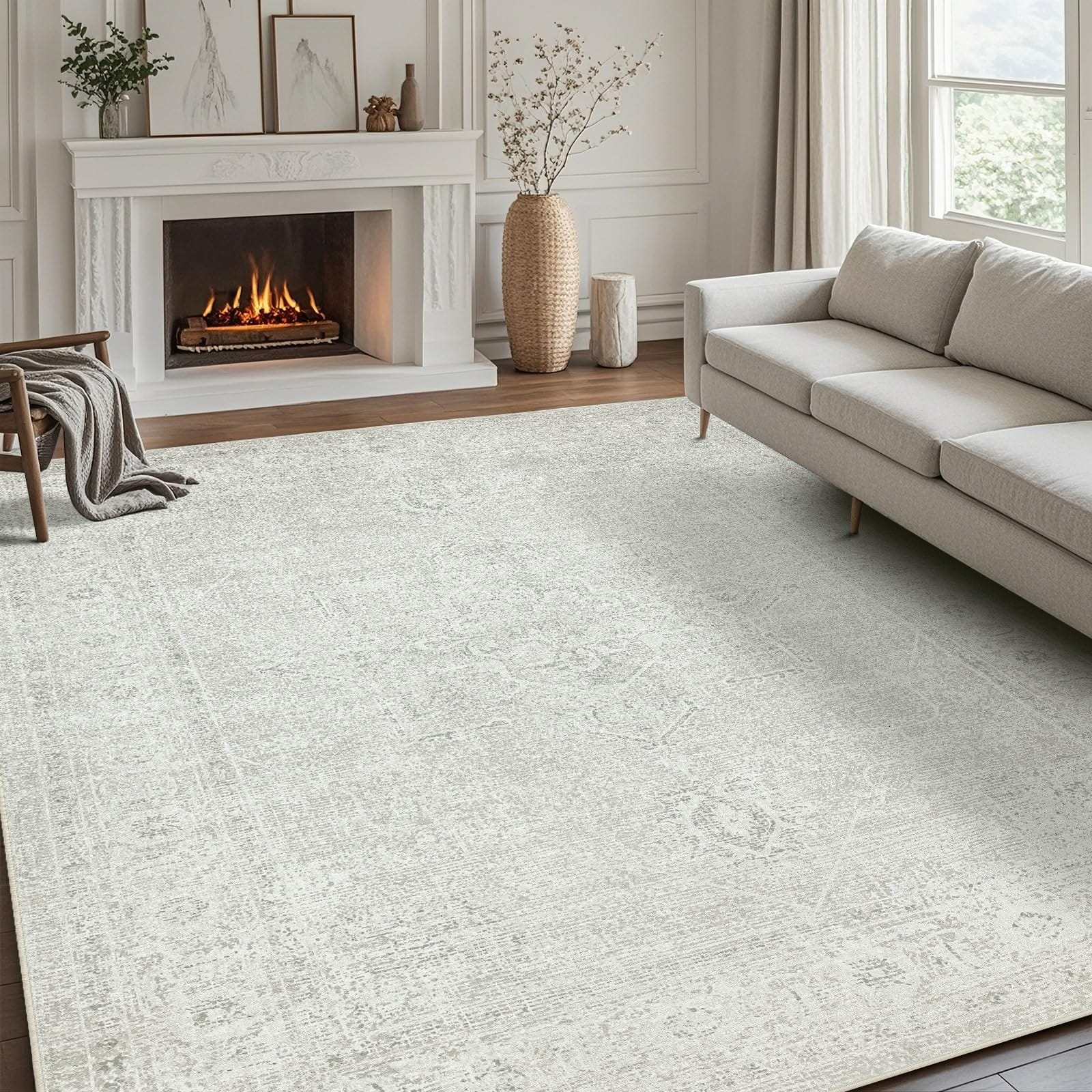 Fabibe - 5X7 Non-Shedding Machine Washable Wool Synthetic Indoor WASHABLE AREA FOR LIVING ROOM,S FOR BEDROOM, LARGE CARPETS,ULTRA - Concrete-grey 6' x 9' (Rectangular)